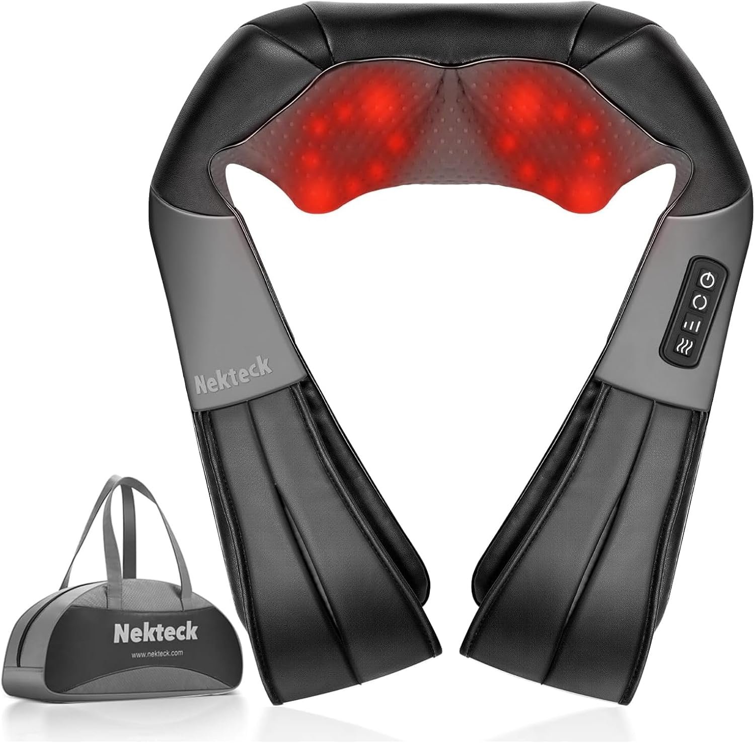 Nekteck Heated Shiatsu Neck Massager with Bag for Pain Relief, NOT Cordless | 2026 Upgraded 3D Back Shoulder Kneading Massage Pillow, 3 Intensity Speeds Deep Tissue, Relaxation Gifts for Men Women, Black