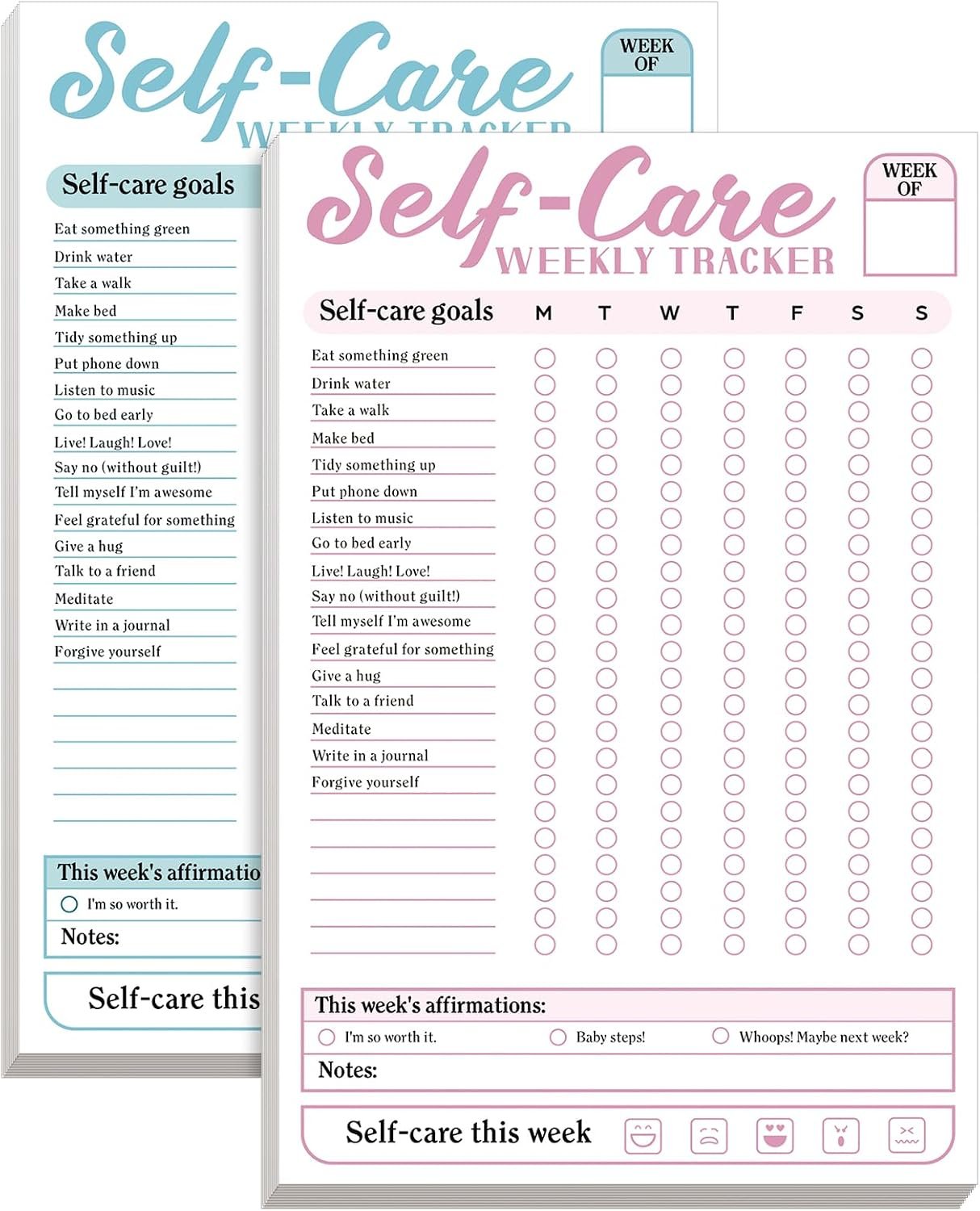 Qilery 2 Pack Self Care Weekly Tracker Pad Self Care Checklist Note Pad 6 x 9 Inches Pastel Blue Pink Tracker Mental Health Wellness Planner