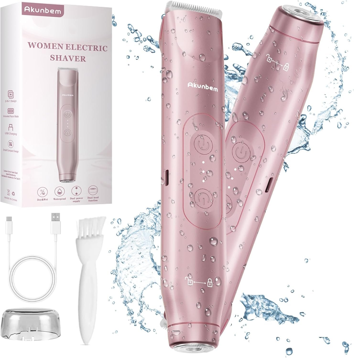 Akunbem Bikini Trimmer for Women 2 in 1 Electric Razors for Women | Dual Head Electric Shaver IPX7 Waterproof Wet & Dry Body Hair Trimmer Facial Hair Remover for Underarm Leg Arm