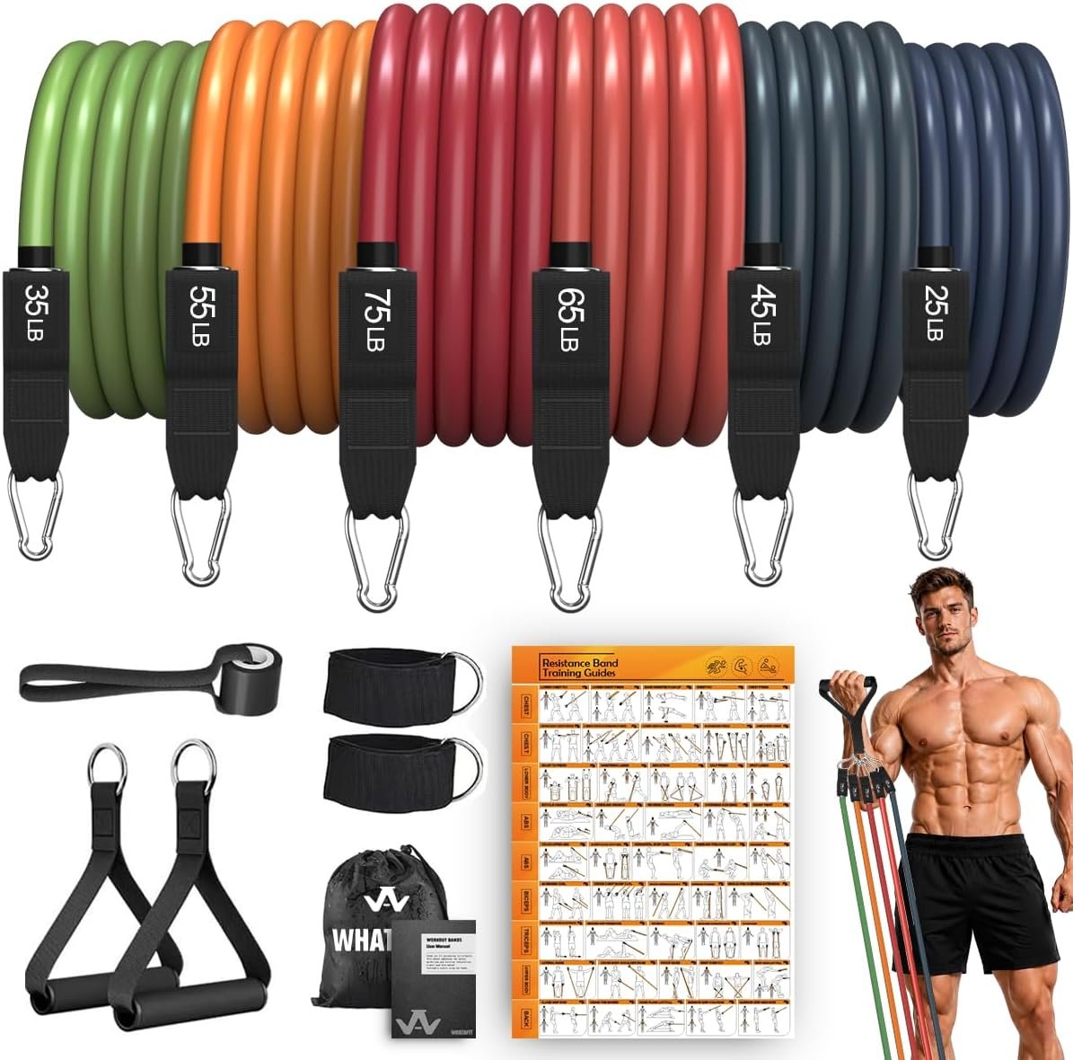 WHATAFIT Resistance Bands, Exercise Bands with Handles, Workout Bands for Working Out, Fitness Bands Set for Home Gym Full Body Strength Training, Muscle Tone, Yoga & Stretching