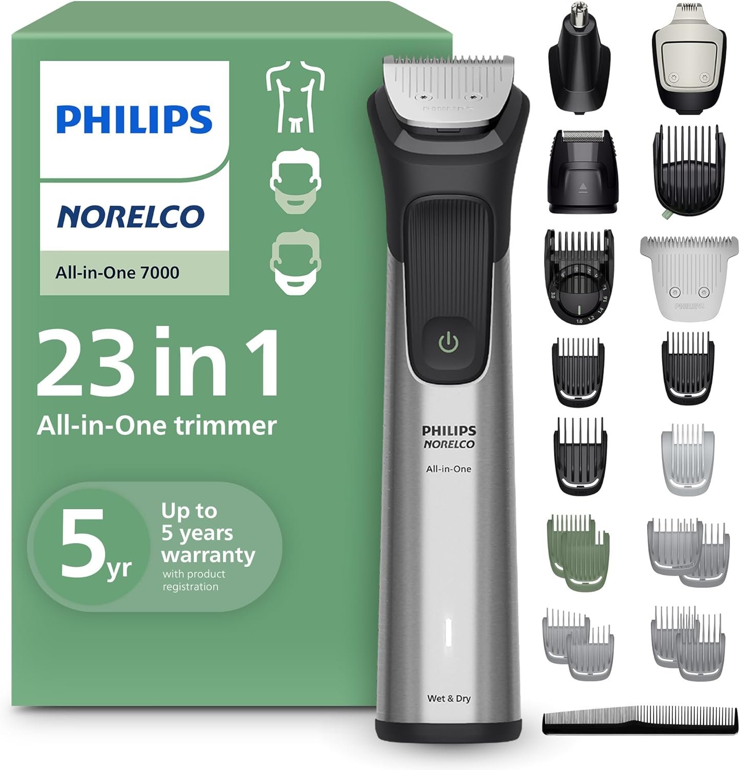 Norelco Philips All-in-One Series 7000 23-Piece Trimmer – Electric Shaver and Clipper for Face, Beard, Head & Body, Self-Sharpening Titanium Blades, 26 Length Settings (0.5-16 mm), MG7970/49