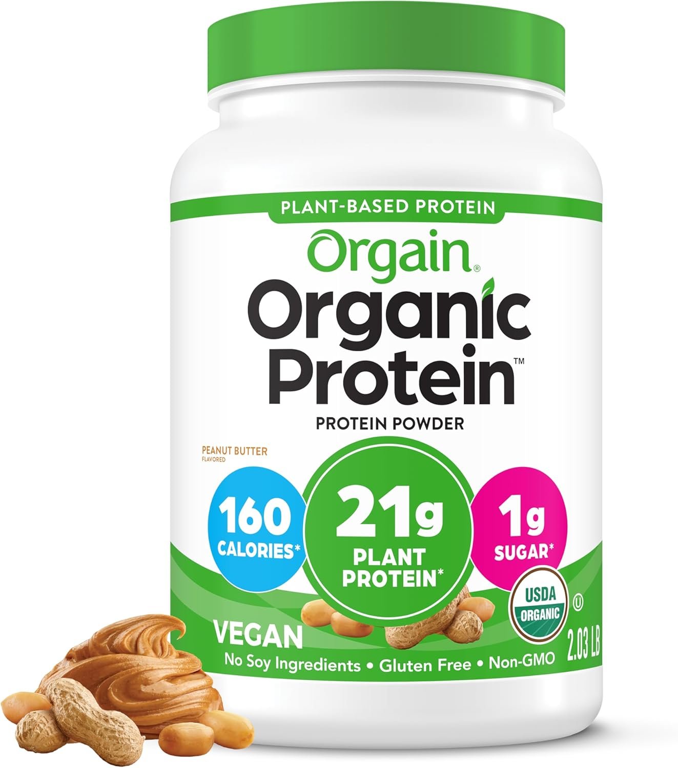 Orgain Organic Vegan 21g Protein Powder, Peanut Butter, 2.03 lb