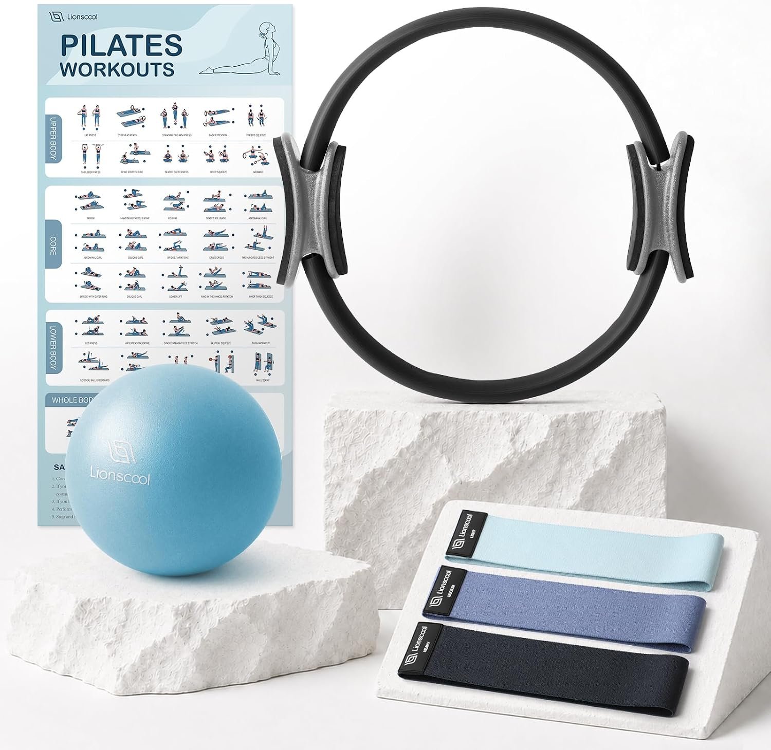 LIONSCOOL Pilates Ring Set – 14″ Anti-Deformation Magic Circle with Padded Handles, 9″ Mini Ball, Non-Slip Fabric Resistance Bands, Guide & Bag