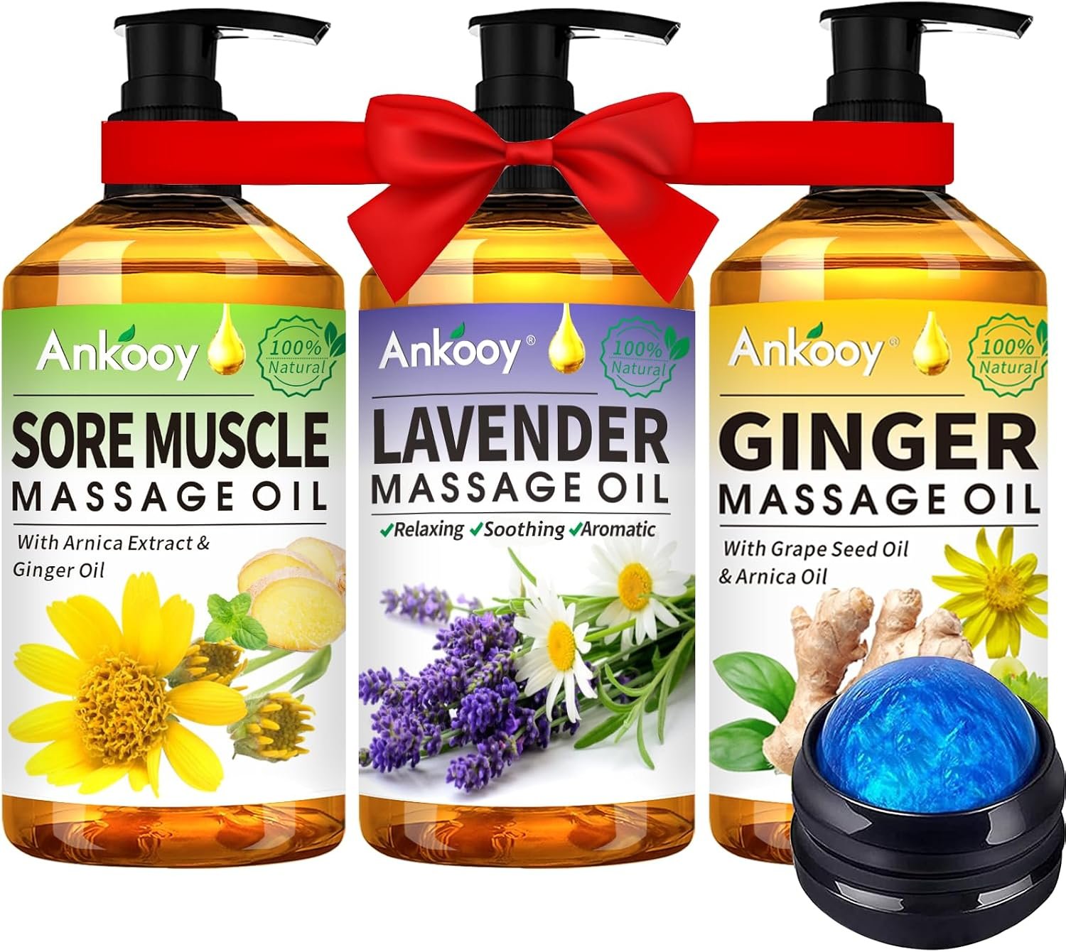 3 Pack Massage Oil for Massage Therapy,Sore Muscle Arnica Oil & Relaxing Lavender Oil & Ginger Oil Lymphatic Drainage & Massage Ball,Massage Kit Gifts for Women Men,Spa Gifts Birthday Gifts for Women