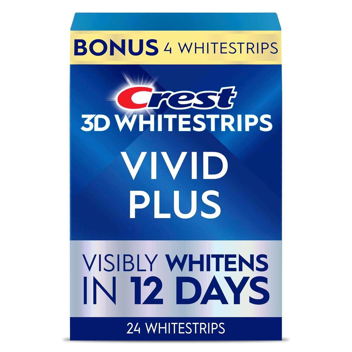 Crest Teeth Whitening Strips, Crest 3D Whitestrips Vivid Plus, Enamel Safe Teeth Whitening Kit, 12 Treatments (24 Strips), Visibly Whitens in Days, 8 Levels Whiter