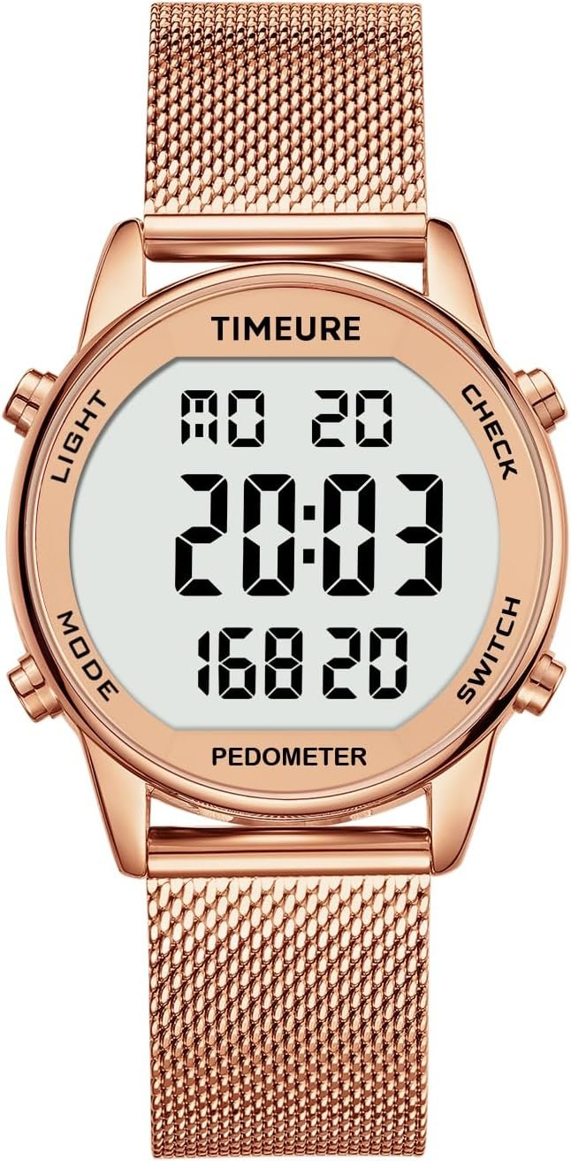 TIMEURE Pedometer Watch for Women, Step Counter Watch, No App or Charging | No App No Charging, with step, calorie and distance tracking, a steel mesh band and up to 12 months of use