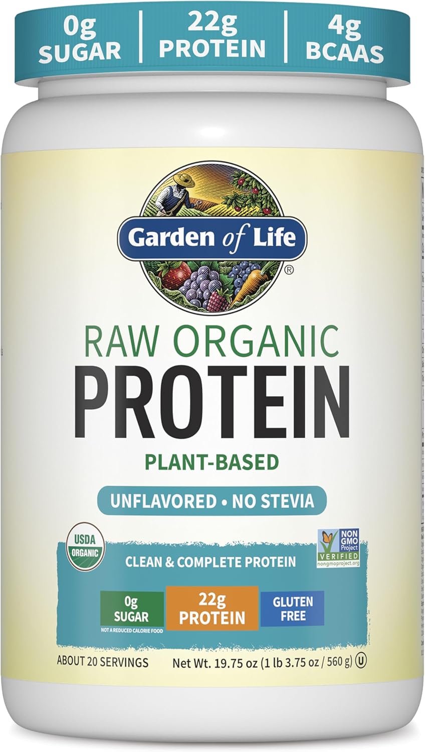 Garden of Life Protein Powder, Vegan Protein Powder, BCAA, Probiotics & Digestive Enzymes, Gluten & Lactose Free, Unflavored, 20 Servings