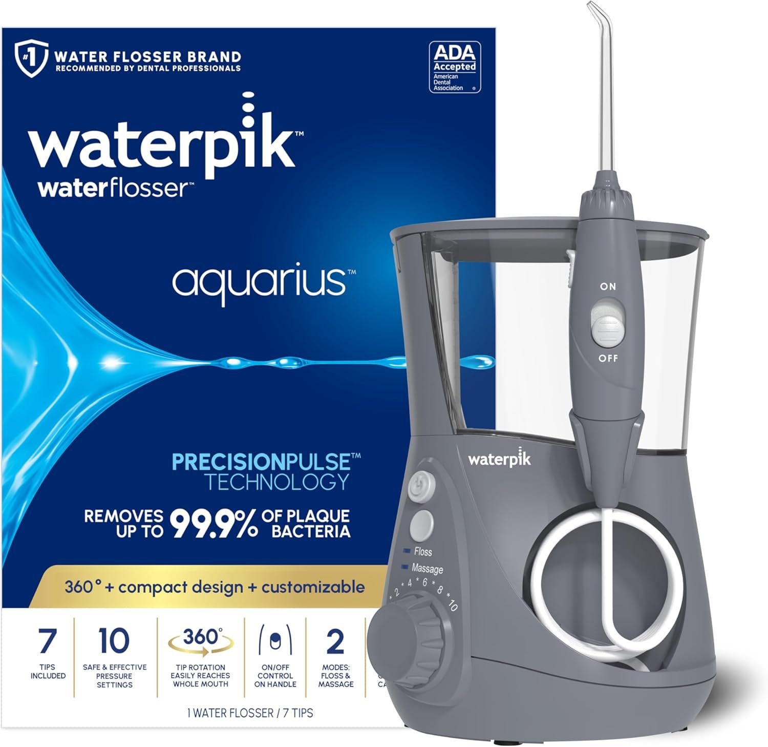 Waterpik Aquarius Countertop Water Flosser with 10 Settings, 7 Tips, Gray | For Daily Home Gum Health, Dental Braces, Implants, Teeth Cleaning, Multiple Users, ADA Accepted WP-667 Packaging May Vary