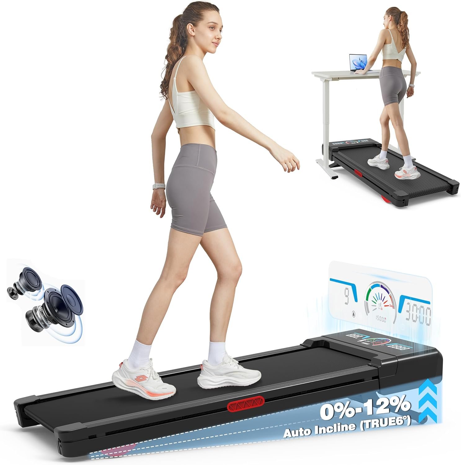 TRAILVIBER Walking Pad Treadmill with 12% 9-Level Auto Incline, 450 lbs Capacity RGB LED Screen, Bluetooth Speaker Under Desk Treadmill
