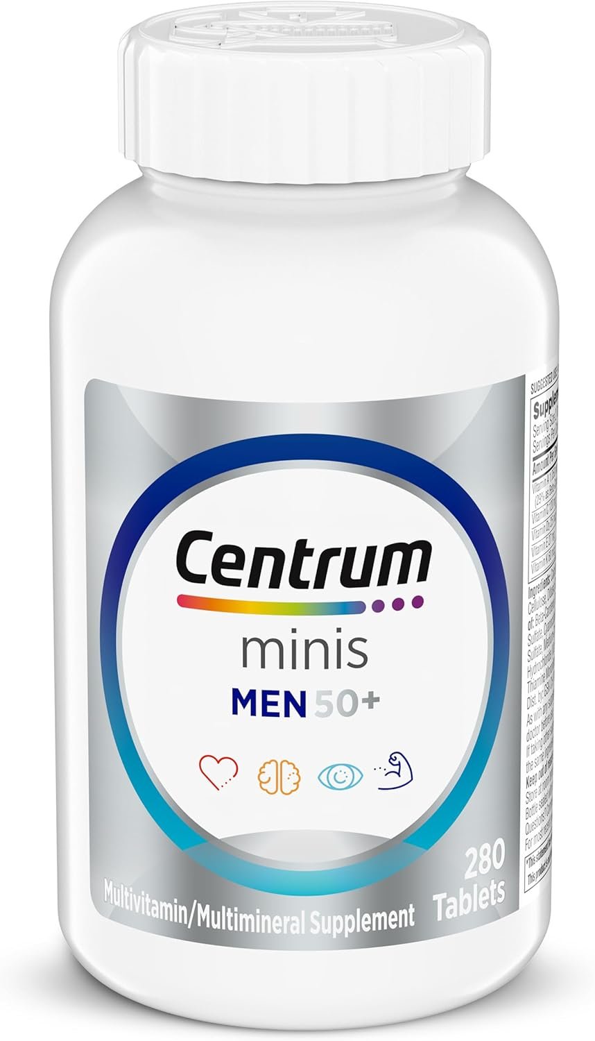 Centrum Minis Silver Multivitamin for Men 50 Plus, Multivitamin/Multimineral Supplement, Vitamin D3, B-Vitamins and Zinc, Non-GMO Ingredients, Supports Memory and Cognition in Older Adults – 280 Ct