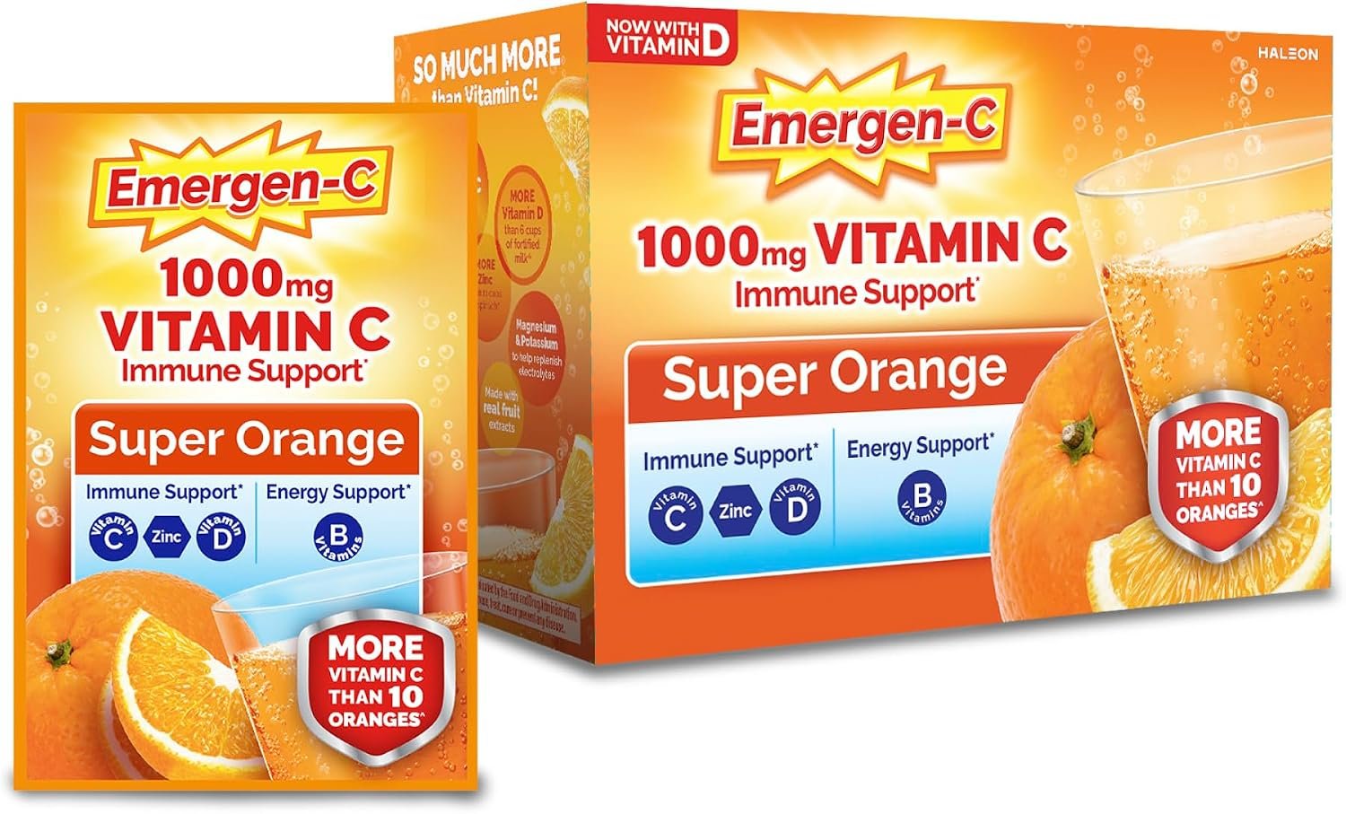 Emergen-C 1000mg Vitamin C Powder for Daily Immune Support Caffeine Free Vitamin C Supplements with Zinc and Manganese, B Vitamins and Electrolytes, Super Orange Flavor – 30 Count