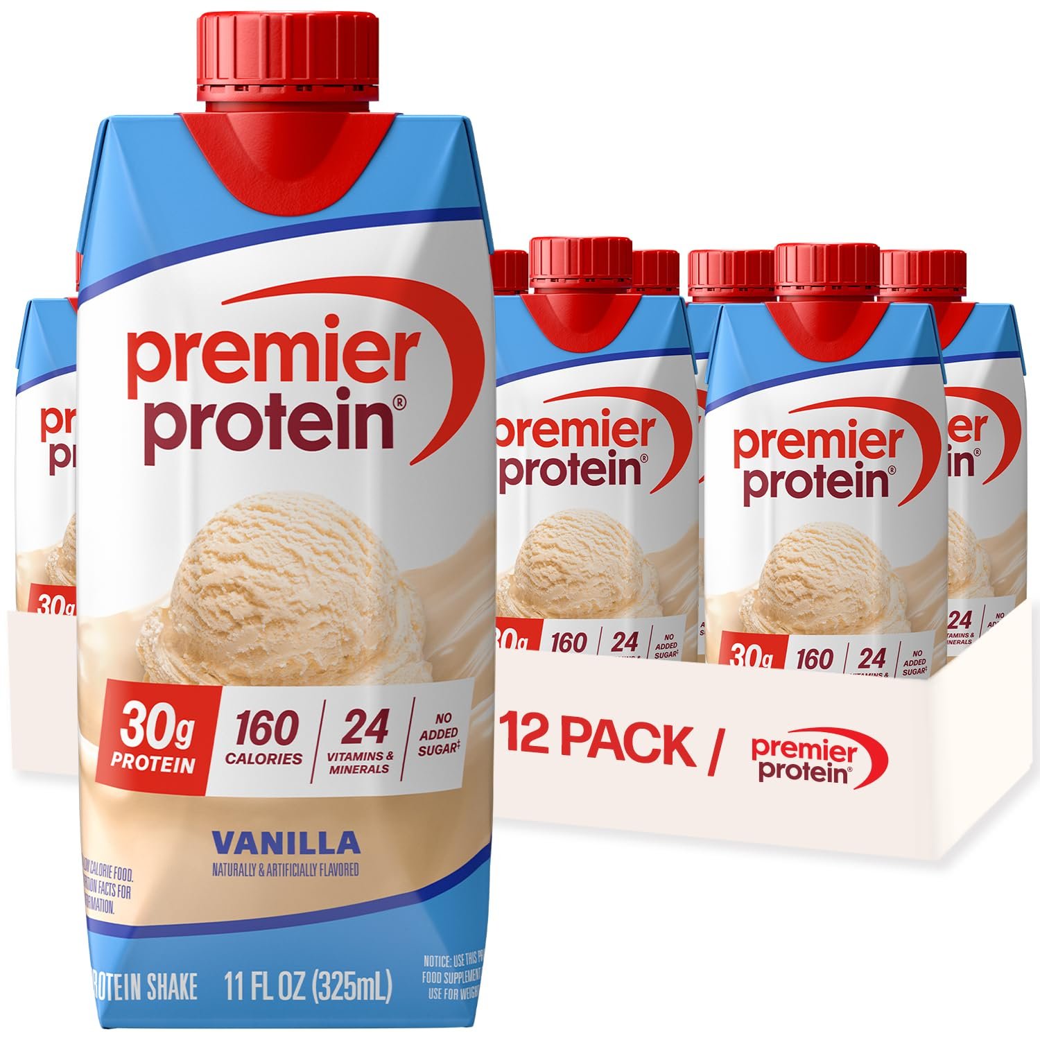 Premier Protein Shake, Vanilla, 30g High Protein, 12 Pack | 160 Calories, 24 Vitamins & Minerals, No Added Sugar, Supports Muscle Health, Gluten-Free, 11 oz