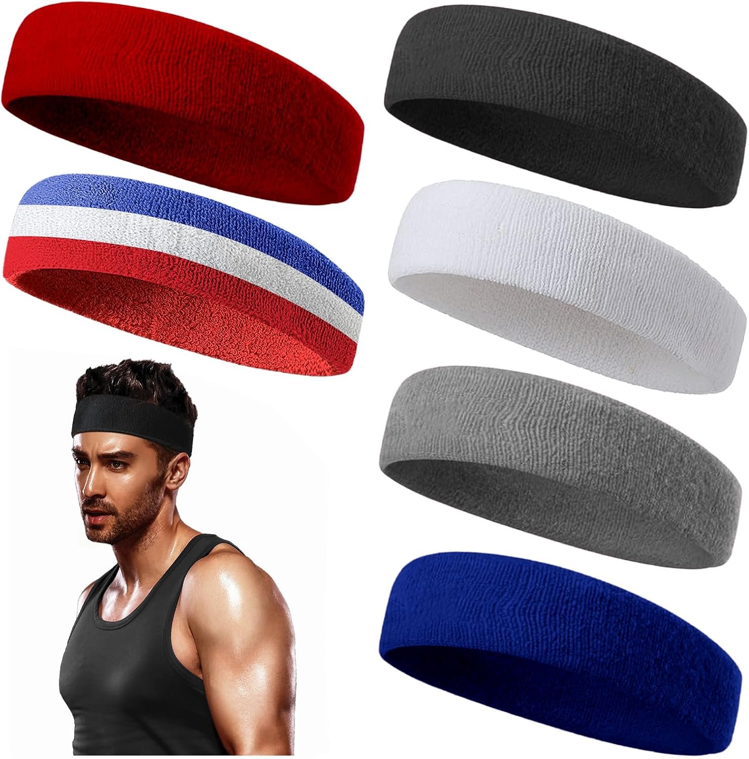 ChezMax 6PCS Moisture Wicking Headbands and Sweatbands for Men’s Sports, Tennis, Basketball, Running, Working, Gym