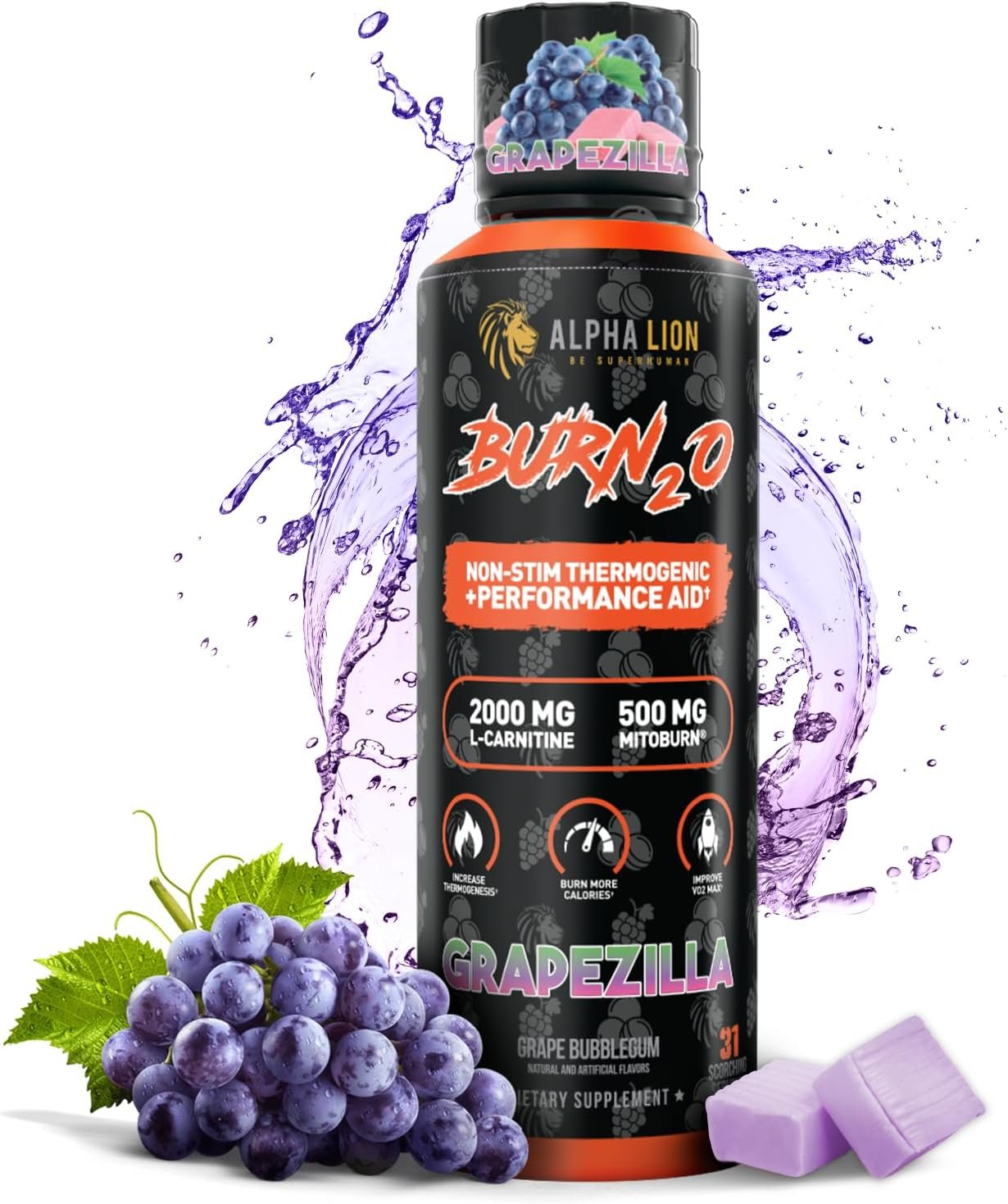 ALPHA LION Burn2O L-Carnitine Liquid 2000mg – Stim Free Super Thermogenic Fat Burner with MitoBurn® & CaloriBurn GP®, Metabolism Booster, Zero Calorie, Sugar-Free (31 Servings, Grapezilla Flavor)