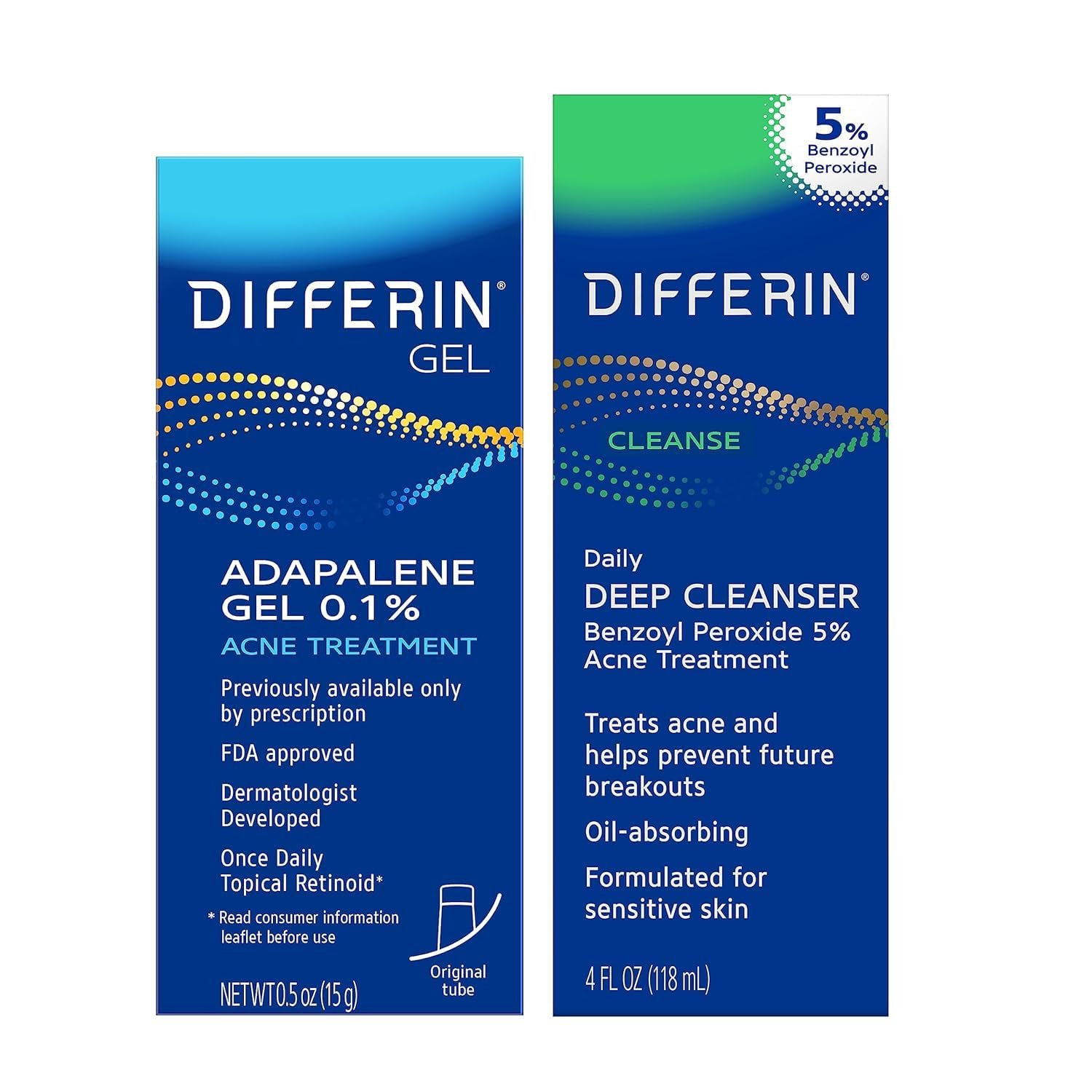 Differin Acne Kit, Adapalene Gel 0.1% + Benzoyl Peroxide Body Wash | Complete Acne Prone Skin Care Routine, Retinoid Gel Treatment, 5% Benzoyl Peroxide Face and Body Wash, Pimple-Fighting Bundle