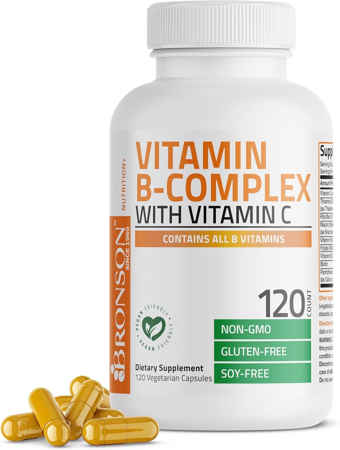 Bronson Vitamin B Complex with Vitamin C Vegetarian Capsules, 120 Count | Immune Health, Energy Support, Nervous System Support, Non-GMO, Soy-Free, Gluten-Free, Contains All B Vitamins