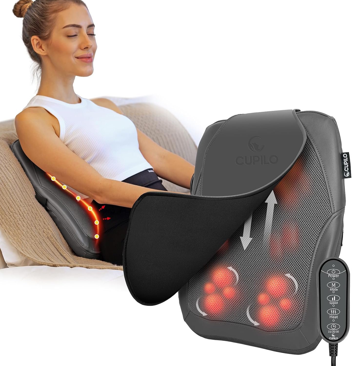 CuPiLo Shiatsu Back Massager with Heat for Deep Tissue Pain Relief, 4D Kneading & Rolling Up and Down Car Low Back Massager for Office and Home Use