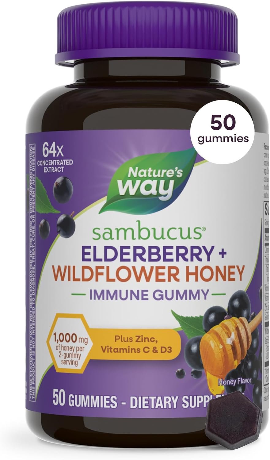 Nature’s Way Sambucus Elderberry + Wildflower Honey Immune Gummy, 50 ct | Daily Immune Support Gummies with Vitamins C & D3, Zinc for Adults and Kids Ages 4+*, 50 Vegetarian Gummies