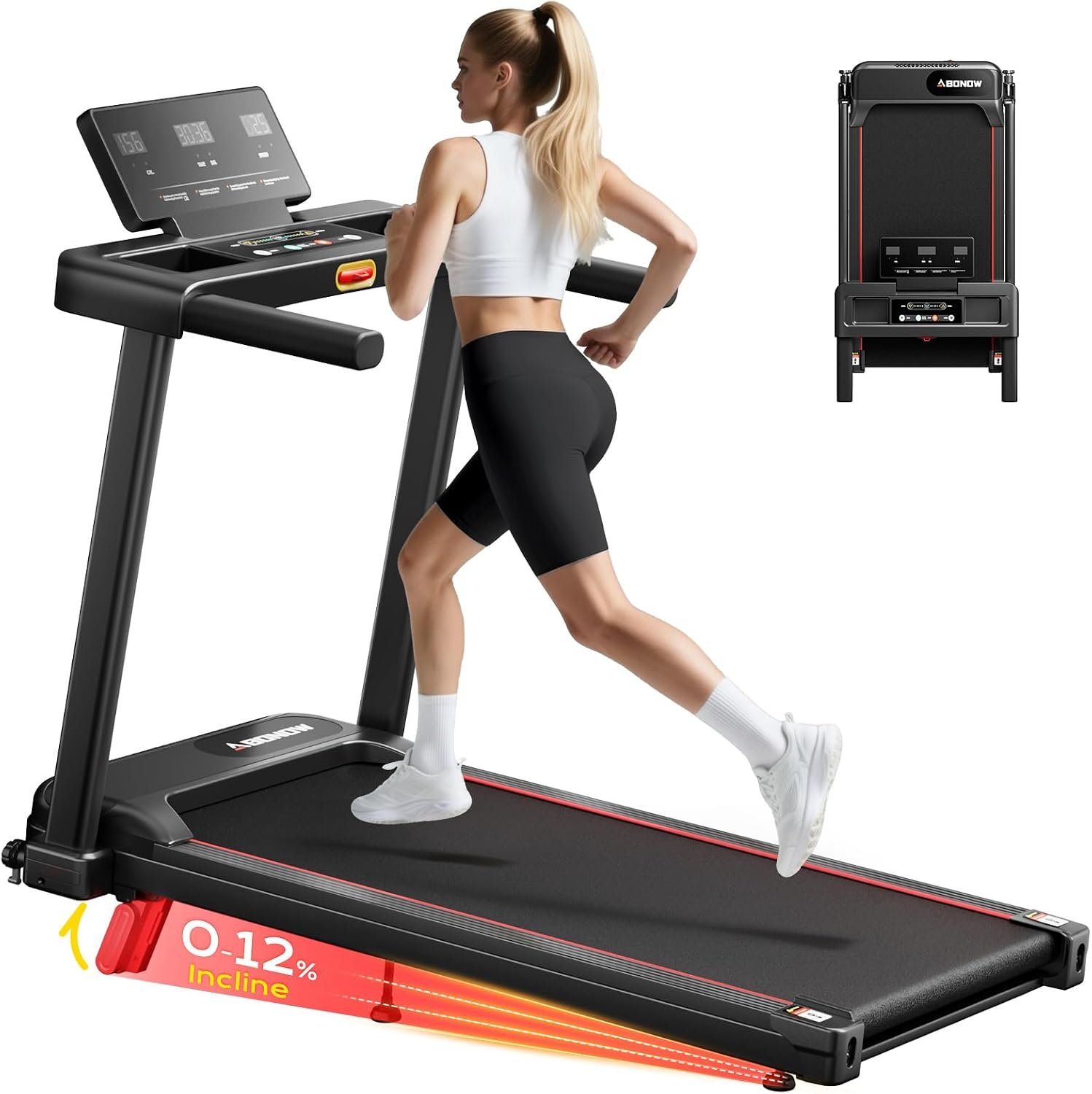 Abonow Foldable Treadmill for Home Small with 12% Incline | 3.0HP Quiet Walking Pad Treadmill with Handles, 300LBS Capacity, Home Office 3-in-1 Portable Running Jogging Walking
