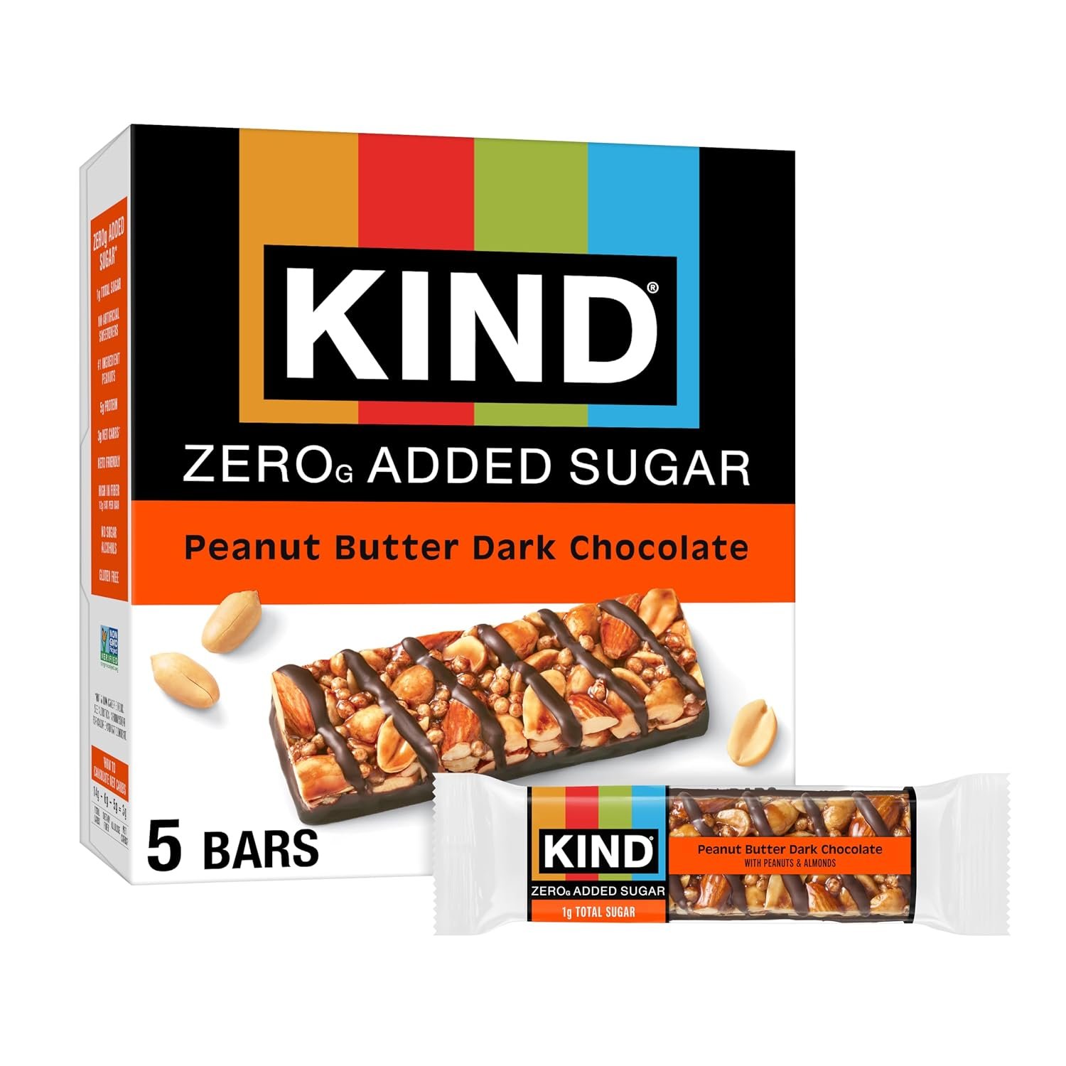 Kind Zero Added Sugar Healthy Snacks Bars, Peanut Butter Dark Chocolate, Gluten Free, High Fiber, Keto Snacks, 5g Protein, 5 Count | A pre-workout boost with 0g added sugar, 5g protein and 4g net carbs. These crunchy, keto-friendly nut bars are gluten free.