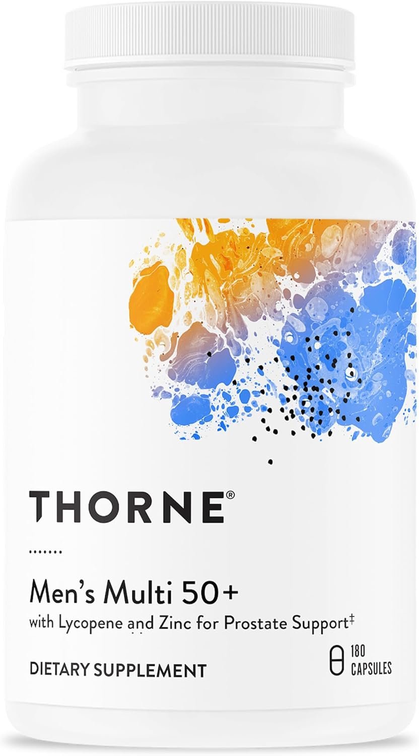 THORNE – Men’s Multi 50+ – Comprehensive Daily Multi with Vitamins A, B6, B12, C, D, E, Zinc & More – Support Heart, Brain, Prostate, Muscle & Immune Health* – Third-Party Certified – 180 Capsules