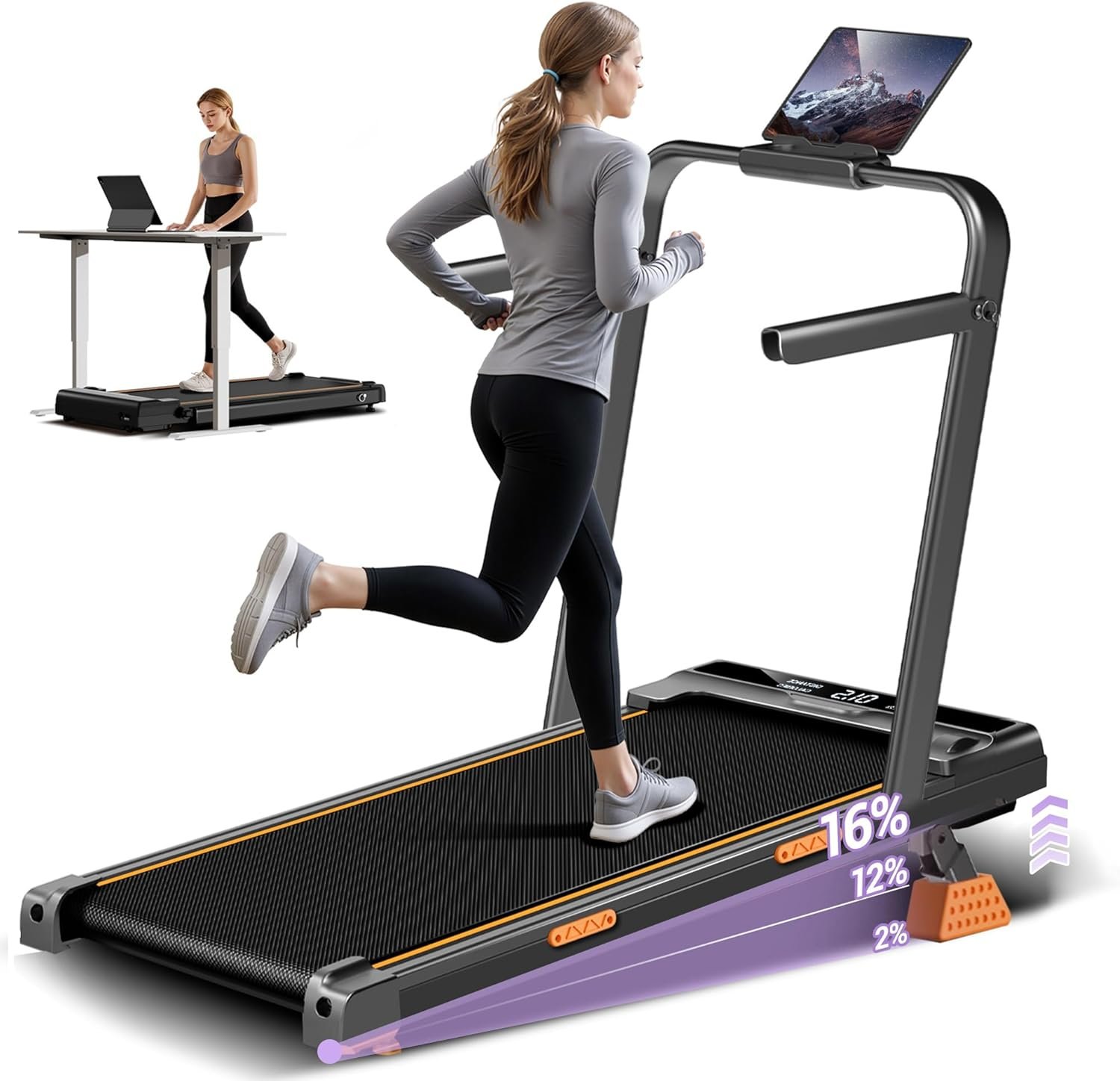 16% Incline Walking Pad Treadmill, 3-in-1 Under Desk Treadmill with Handles | Foldable, Compact, Portable Treadmills for Home Small, 2.5HP Quiet Brushless, 330 LBS Capacity, Home Office, LED Display