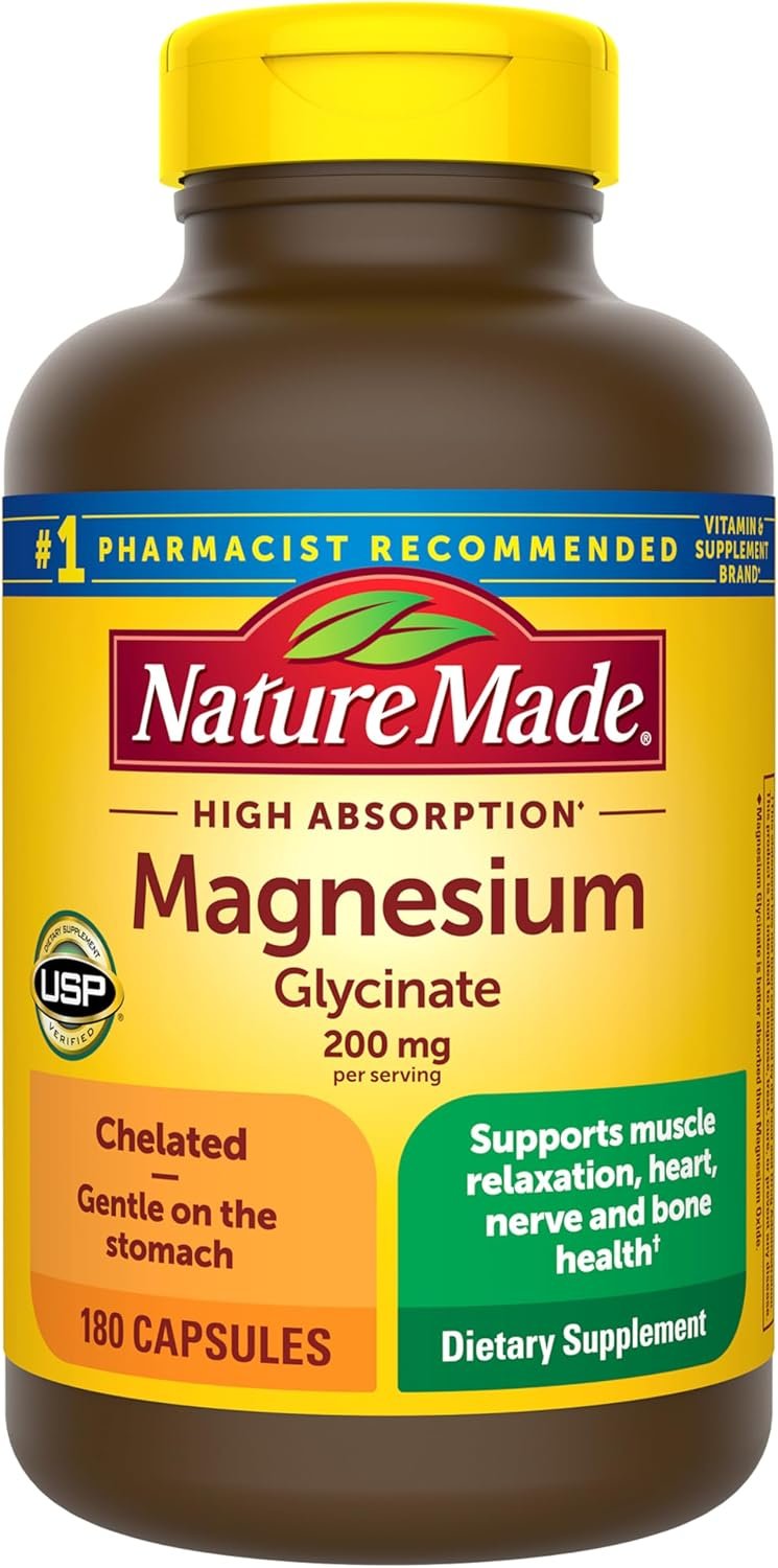Nature Made Magnesium Glycinate 200 mg per Serving, 180 Capsules | High Absorption Magnesium Supplement for Muscle, Heart and Bone Support, Magnesium Bisglycinate Capsules, 90 Day Supply