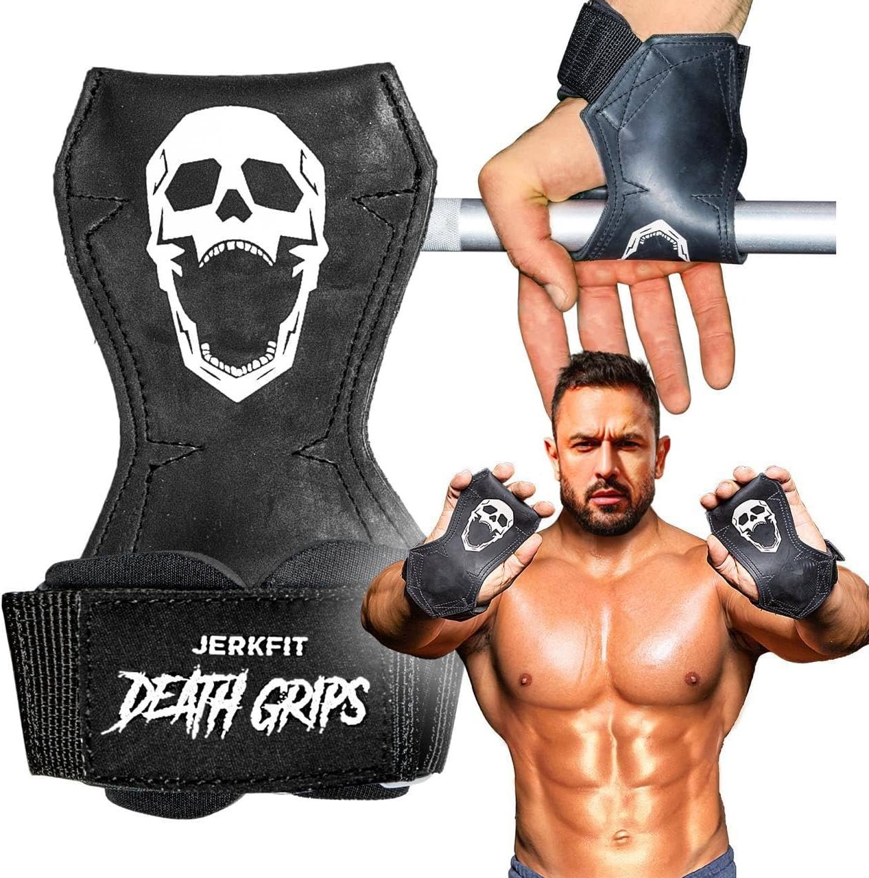 JerkFit Death Grips Premium Lifting Straps – Car Tire Grade Rubber PVC Wrist Straps for Shrugs, Pull Ups & Deadlifts with Neoprene Padded Support