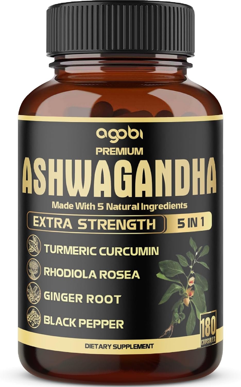 5in1 Premium Ashwagandha Capsules – Added Turmeric, Rhodiola Rosea, Ginger, Black Pepper – 180 Caps for 6 Months