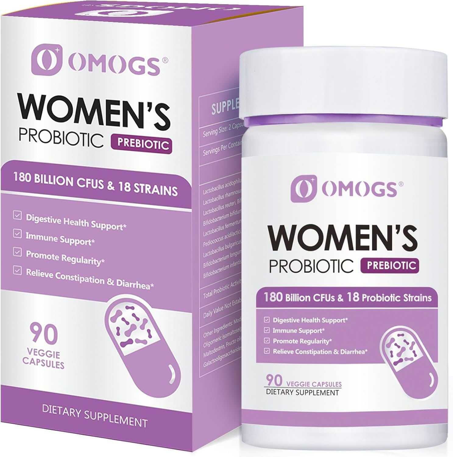 OMOGS Women’s Probiotic 180 Billion CFUs 18 Strains, with Organic Prebiotics, Cranberry Extract, D-Mannose & Digestive Enzymes, for Digestive, Boost Immune, PH Balance & Urethral Health, 90 Capsules