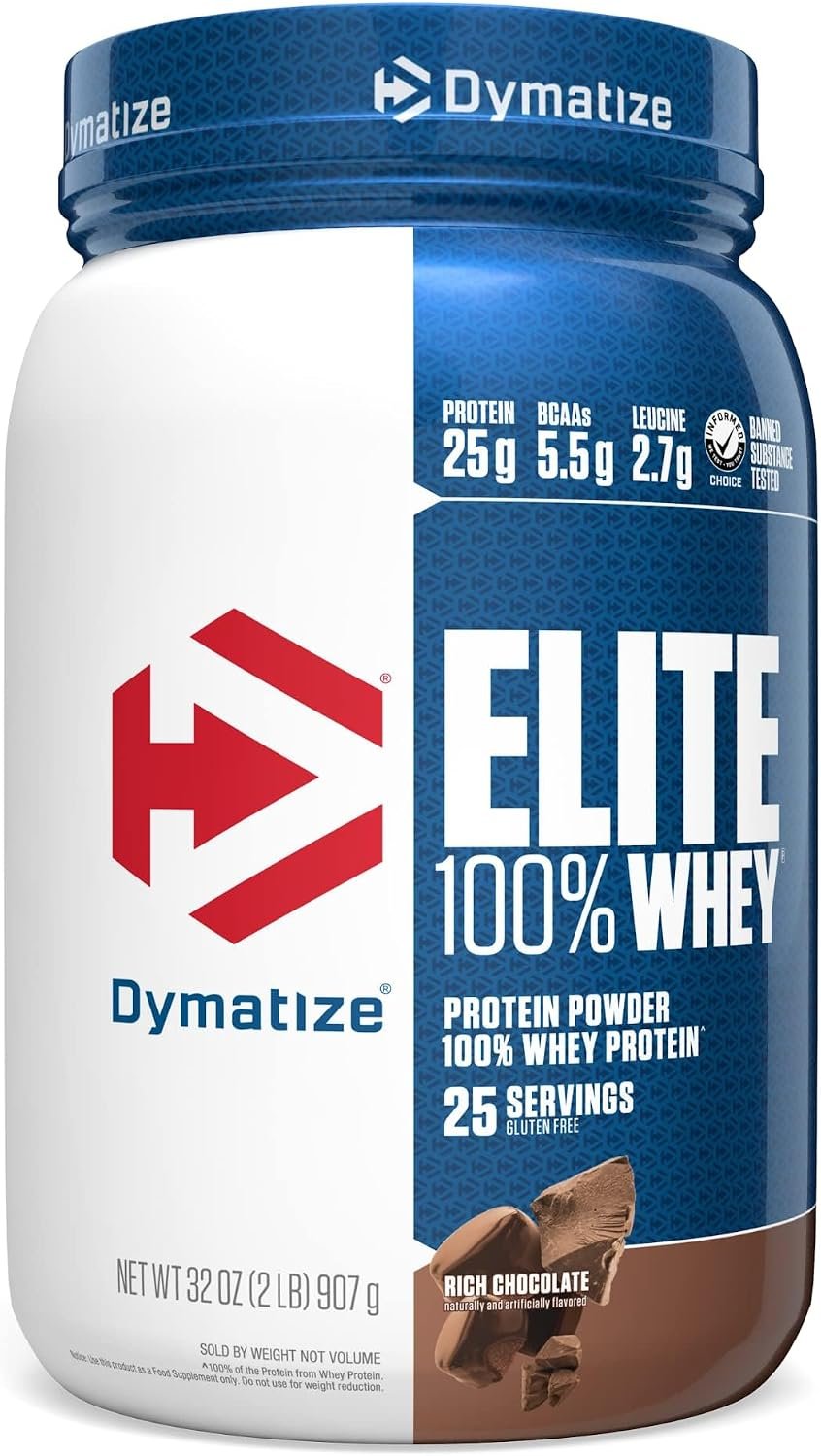 Dymatize Elite 100% Whey Protein Powder, Chocolate, 25g of Protein, 5.5g BCAAs, Less Than 140 Cal., Gluten Free, 3g Carb, 2g Sugar, 3g Fat (25 Servings)