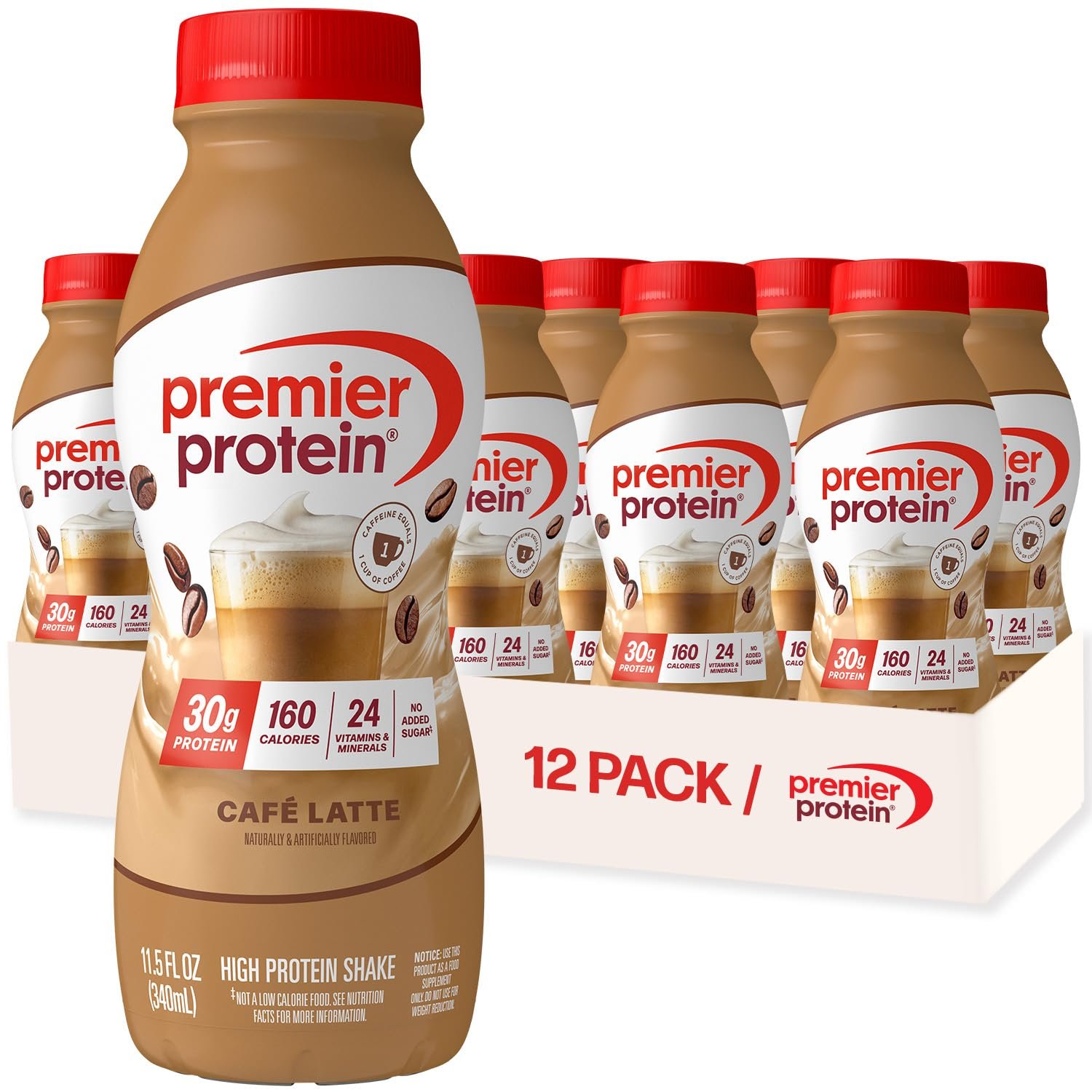 Premier Protein Shake +Energy, Café Latte, 30g High Protein, 12 Pack