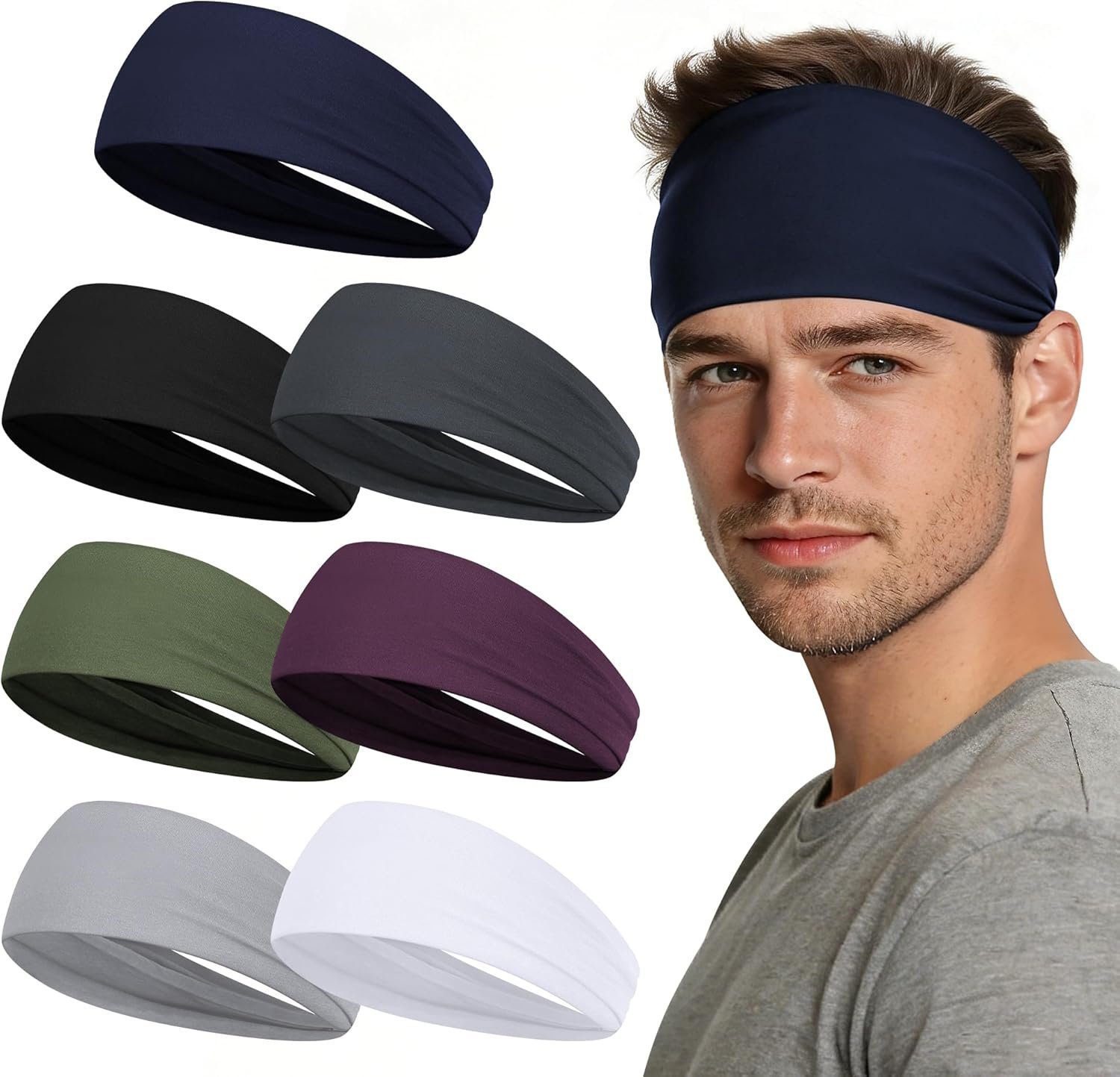 Sport Headbands for Men – 7 Pcs Sweat Absorbent Running Headband for Fitness Workout Running Rugby Baseball Yoga High Intensity Interval Training, Unisex Sweatband for Both Men and Women