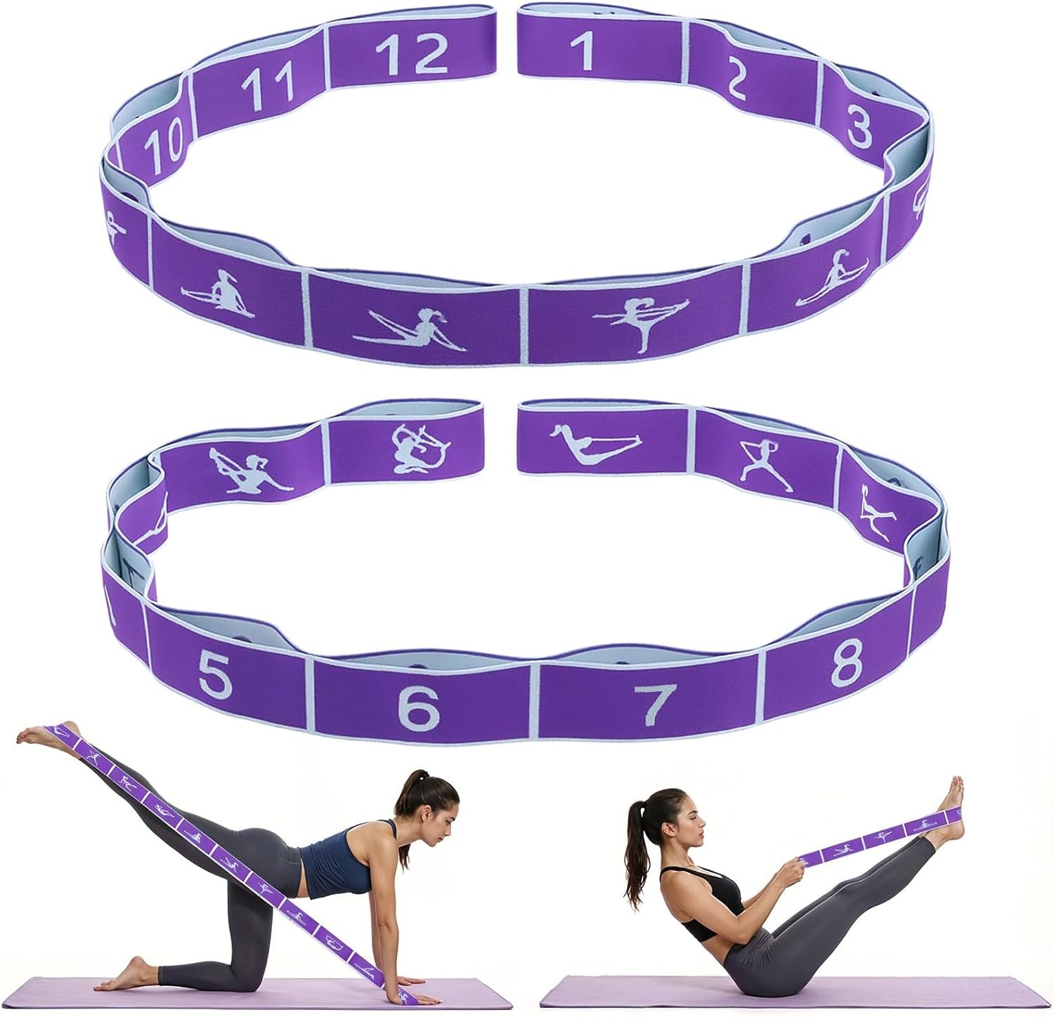 Yoga Straps for Stretching, Elastic Bands for Exercise 12 Gears | Stretch Band with Loops, for Pilates, Yoga, Ballet, Gymnastics, for Women Men
