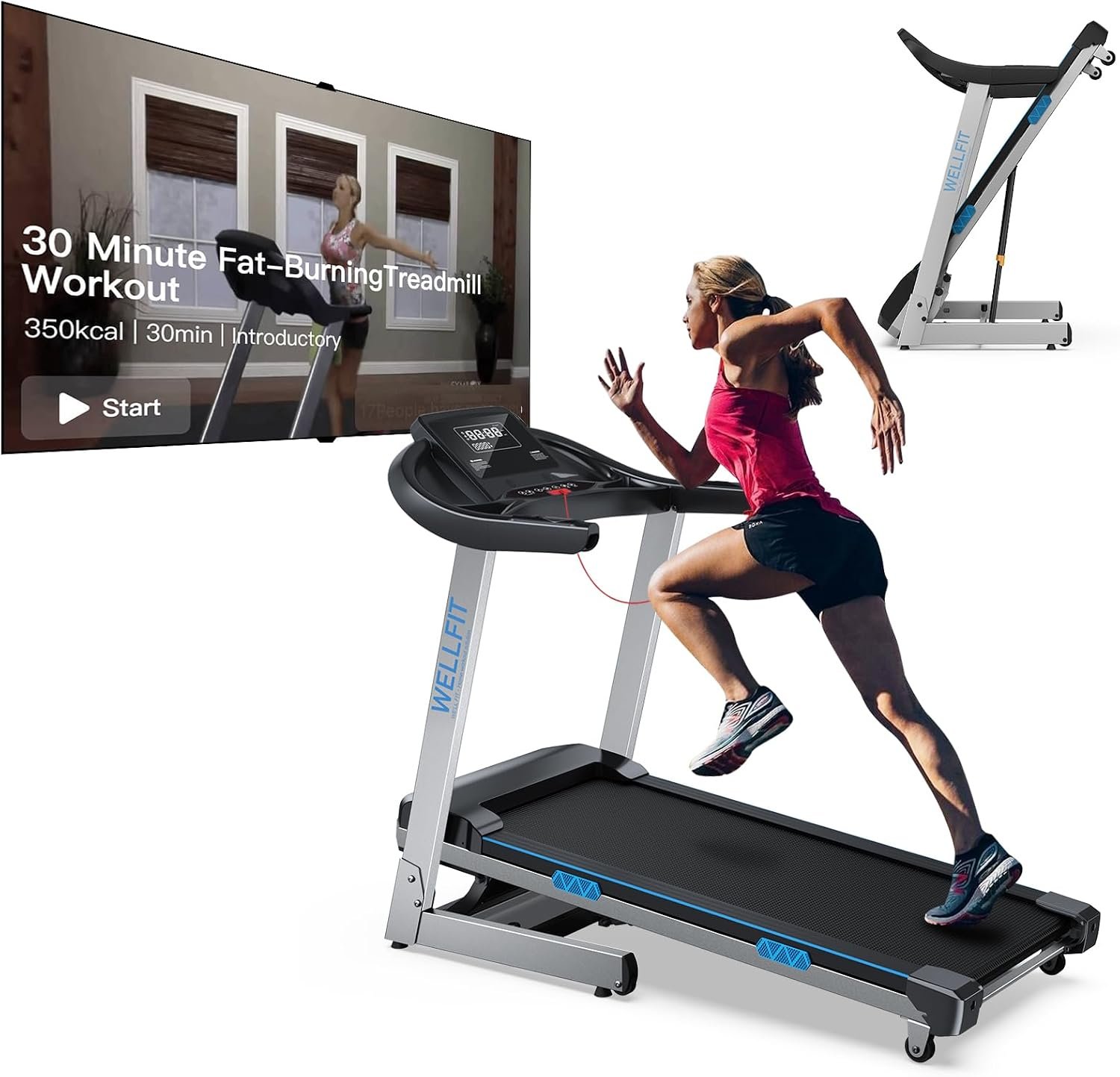 WELLFIT Home Treadmills 400+LBS Capacity, 4.0HP Small Commercial Treadmill | Heavy Duty Treadmill 15% Auto Incline Climb Running, Foldable Treadmill with Handrail, Wide Belt 18*43″ in, 95% Pre-installed