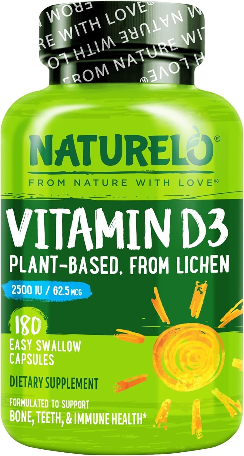 NATURELO Vitamin D – 2500 IU – Plant Based from Lichen – Natural D3 Supplement for Immune System, Bone Support, Joint Health – Vegan – Non-GMO – Gluten Free – 180 Capsules
