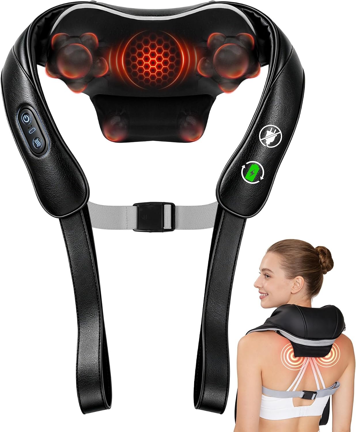 Neck Massager with Heat Cordless: Shiatsu Back Shoulder Massage Tools for Pain Relief Deep Tissue Electric 4D Kneading for Muscle Remedy Lymphatic Drainage Gifts for Men Women Mom Dad (Black)