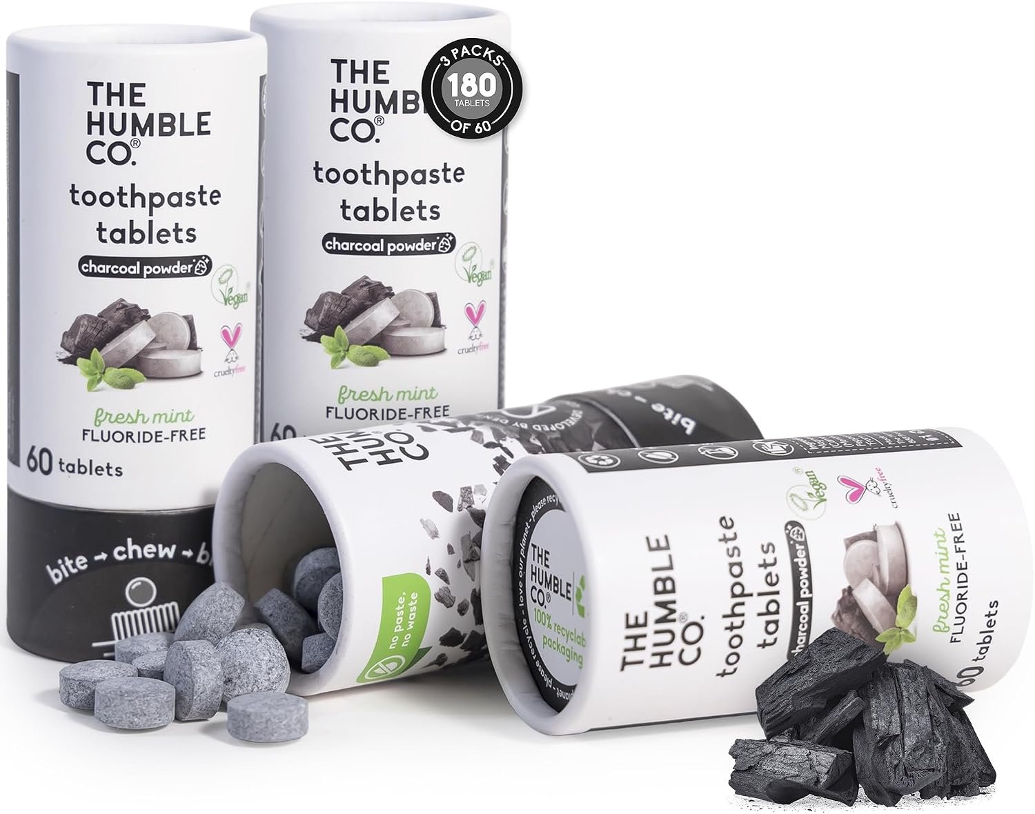 The Humble Co. Chewable Toothpaste Tablets, Fluoride-Free – Charcoal | Bite Chew Brush, Zero Water, Plastic Free Toothpaste Tabs – Travel-Friendly, Waste-Free Dental Oral Care Hygiene – 180 Count