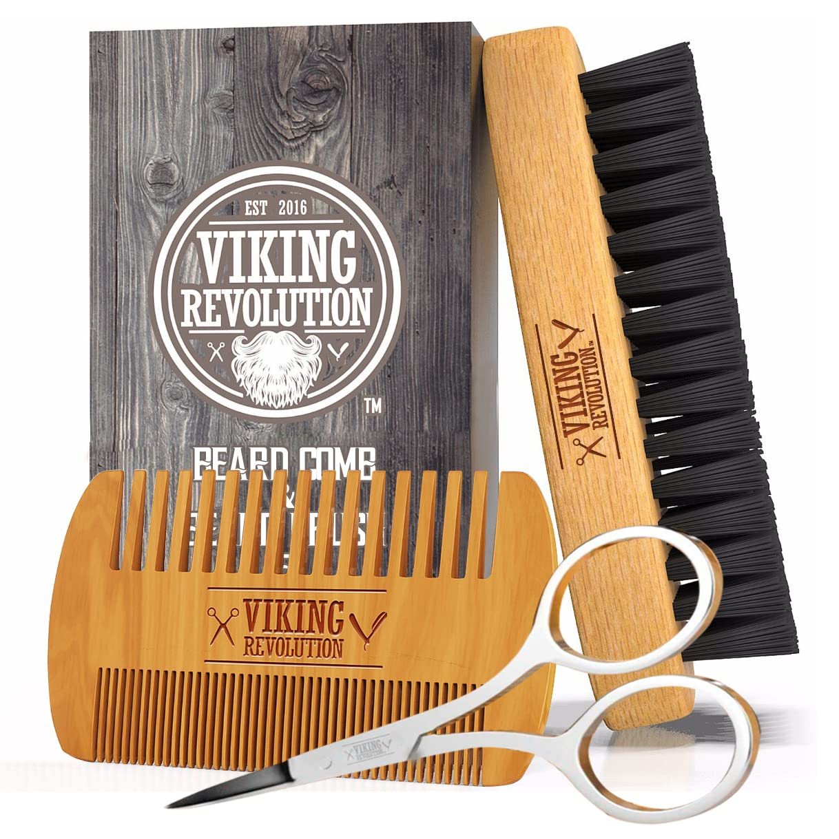 Viking Revolution Beard Comb & Beard Brush Set for Men — Natural Boar Bristle Brush and Dual Action Pear Wood Comb w/Velvet Travel Pouch – Great for Grooming Beards and Mustaches