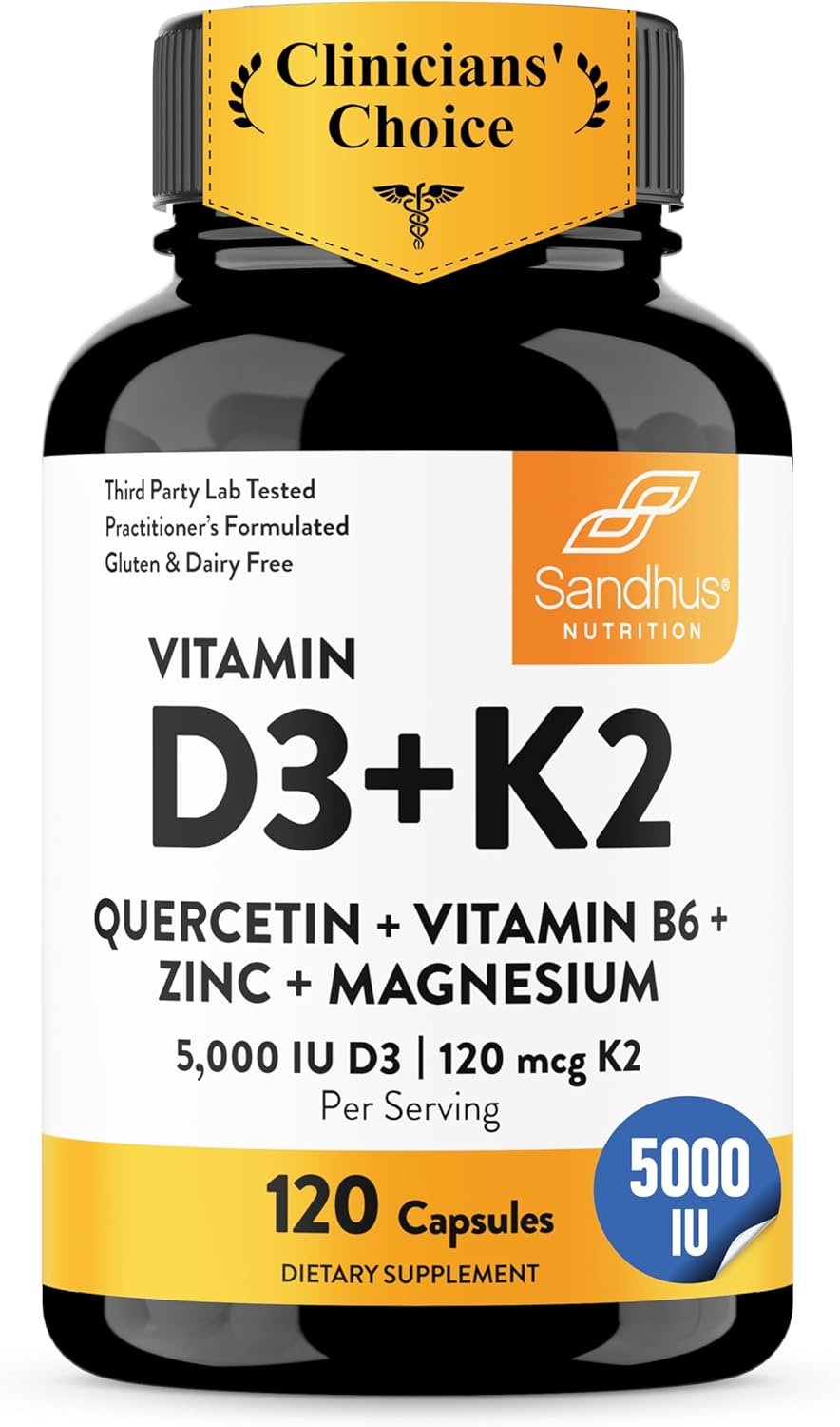 Sandhu’s Vitamin D3 K2 Magnesium 5000 IU, 120mcg K2 Capsules 120 Count (Pack of 1) | with VIT B6, Zinc & Quercetin | D3K2 Supports Superior Absorption, Energy, Immune, Muscle Health for Men & Women