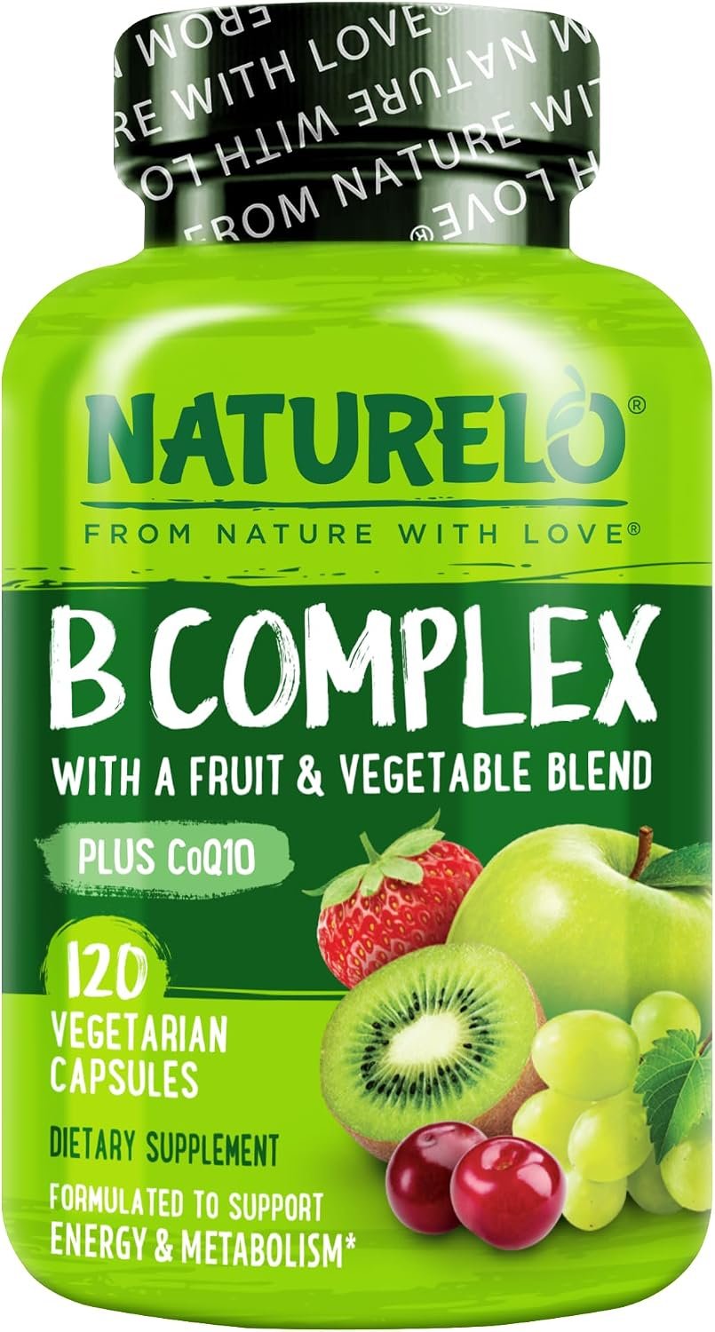 NATURELO Vitamin B Complex,120 Capsules, Vegan, CoQ10, Methyl Folate, Biotin, Fruit & Veg Blend, Supports Energy and Healthy Stress Response, Super B Complex Vitamins for Women and Men