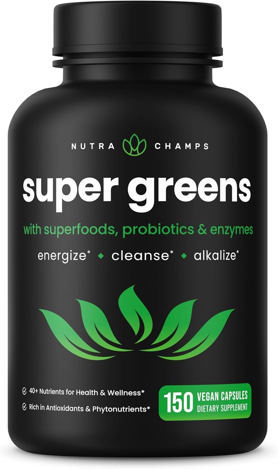 Organic Super Greens Capsules – Daily Fruits and Veggies Supplement – 150 Green & Reds Superfood Pills – 40+ Natural Whole Food Fruit & Vegetables, Prebiotic Fiber & Probiotics & Digestive Enzymes