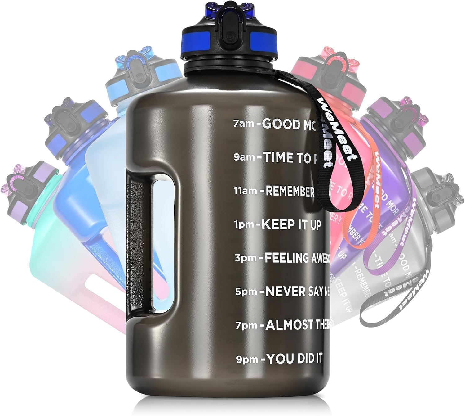 WEMEET 128oz Water Bottle with Time Marker, BPA Free, 1 Gallon Motivational Sports Water Bottle with Straw, for Sports, Outdoor Activities, Fitness Enthusiasts (Black)