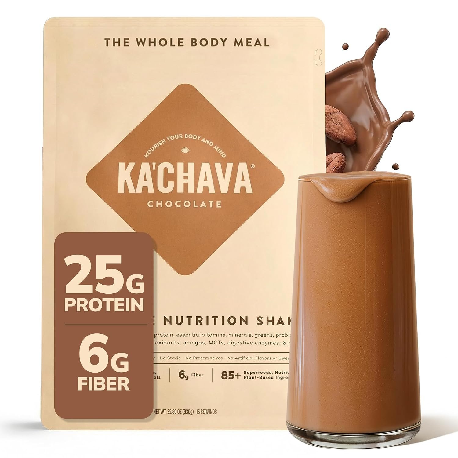 Ka’Chava Whole Body Meal Shake Chocolate 2 lb – Vegan Protein Powder with 85+ Superfoods & Greens – Plant-Based Meal Replacement with Probiotics & Digestive Enzymes – Gluten & Dairy Free (15 Servings)