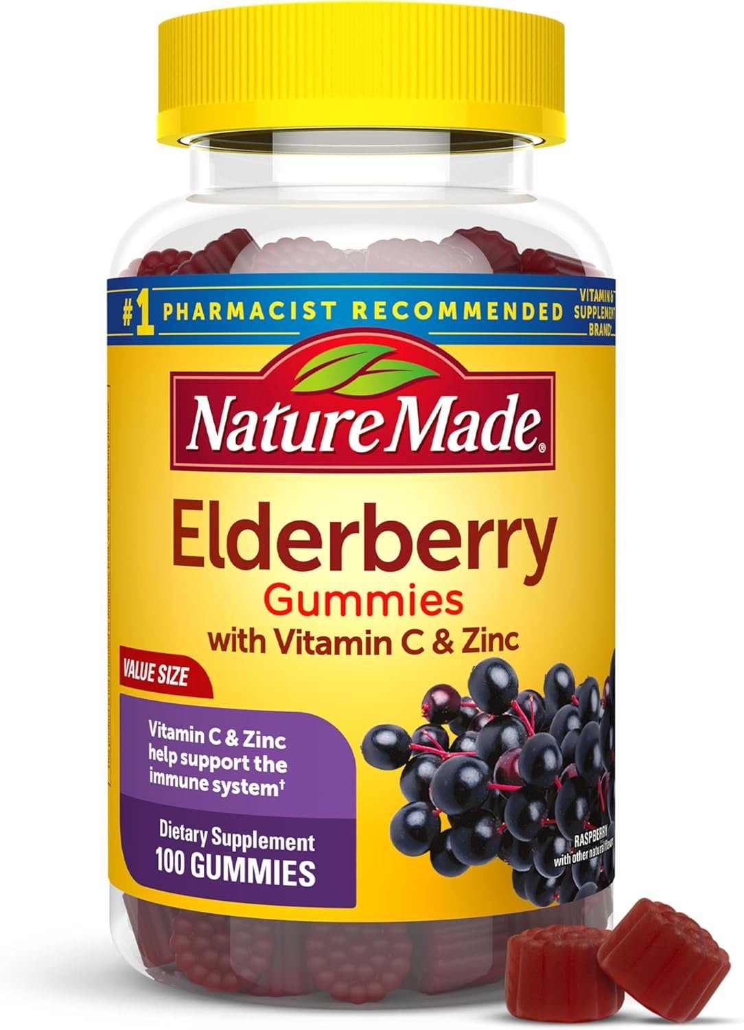 Nature Made Elderberry Gummies with Vitamin C & Zinc, 100 Gummies | Dietary Supplement for Antioxidant and Immune Support, Suitable for Vegetarians, Raspberry Flavor, 50 Day Supply