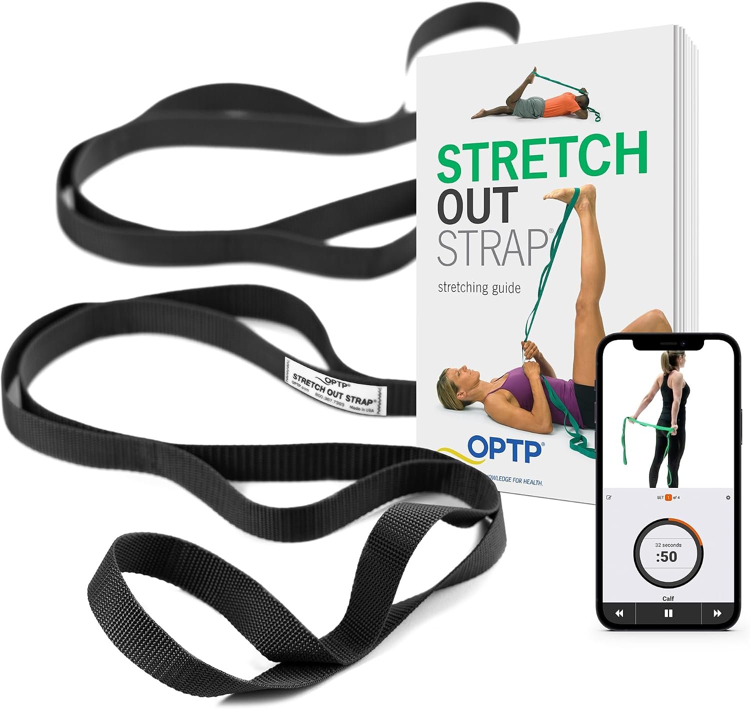 OPTP The Original Stretch Out Strap XL with Exercise Book, Made in the USA | Stretch Out Strap for physical therapy, yoga stretching strap or knee therapy strap, 10 loops, 7’5″ long durable woven strap