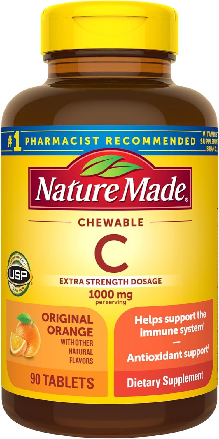 Nature Made Chewable Vitamin C 1000 mg per Serving, 90 Tablets | Extra Strength Dosage Adult Vitamin C Chewable Tablets for Immune Support & Antioxidant Support, Orange Flavor, 45 Day Supply
