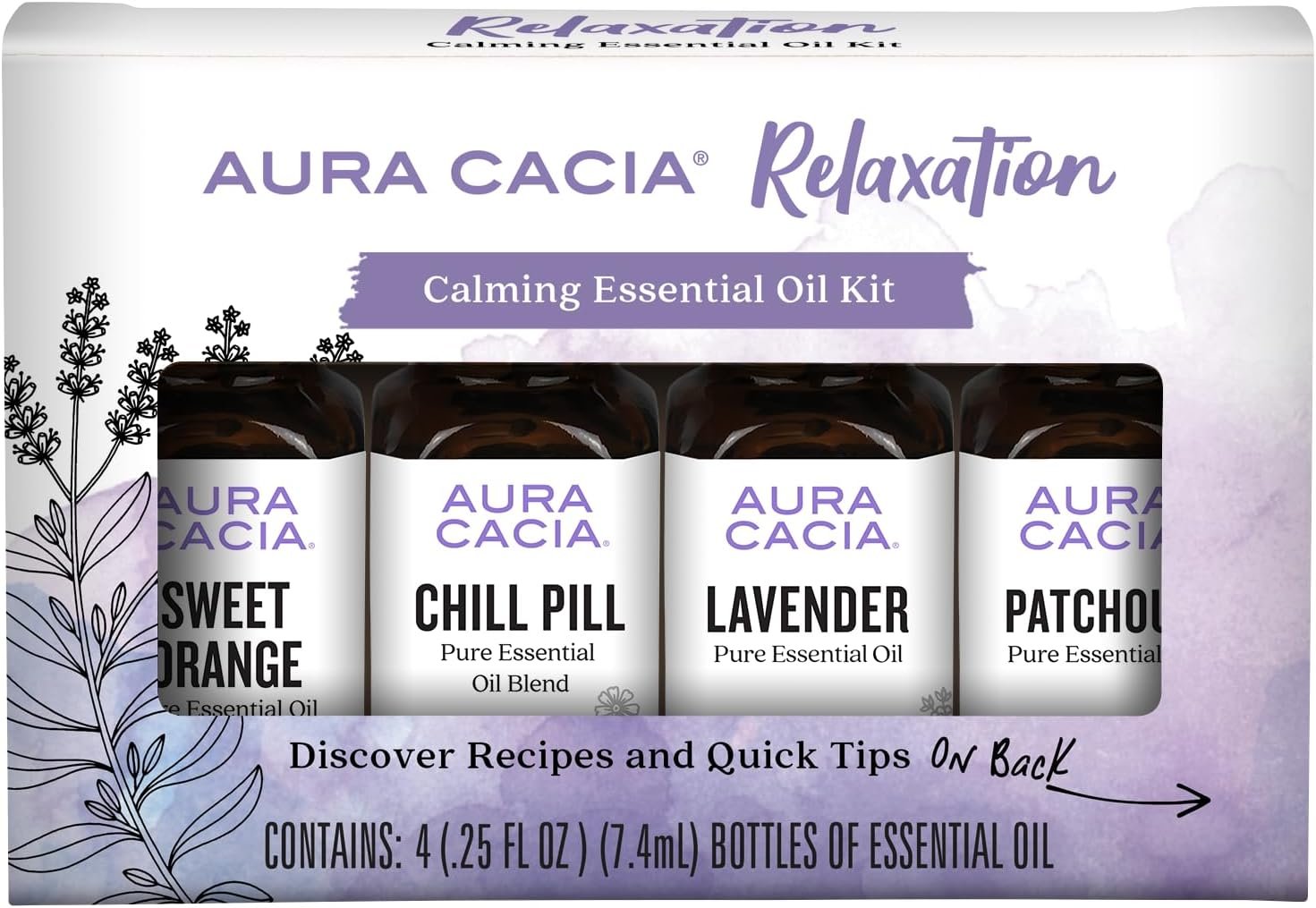 Aura Cacia Essential Oil Relaxation Kit, 4-Pack, Lavender, Patchouli, Sweet Orange, Chill Pill