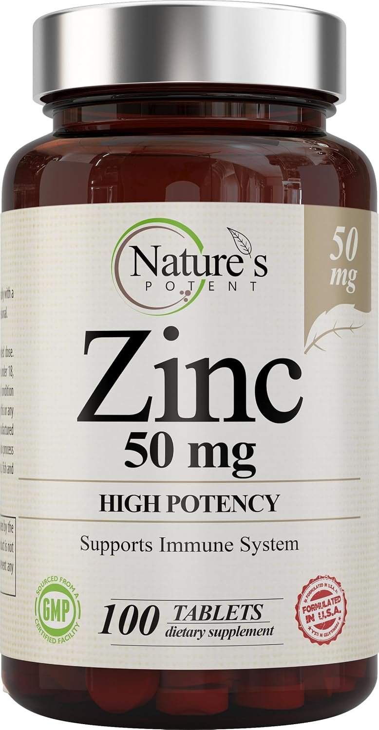 Zinc 50mg [High Potency] Supplement – Immune Support System from Natural Zinc (Oxide/Citrate) 100 Tablets, Made by Nature’s Potent.