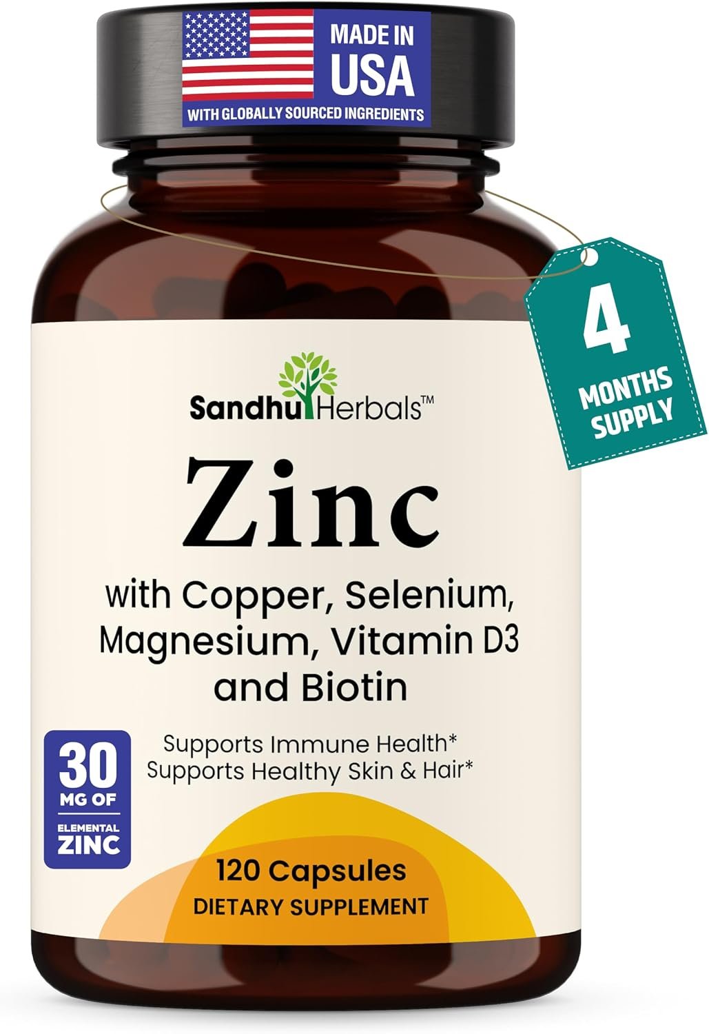Zinc 30mg with Copper, Selenium & Vitamin D3 | 120 Capsules | Magnesium, Vitamin B6, Biotin Complex | Absorbable Chelated Zink Supplements for Men & Women | for Hair, Skin, Nails & Immune Support